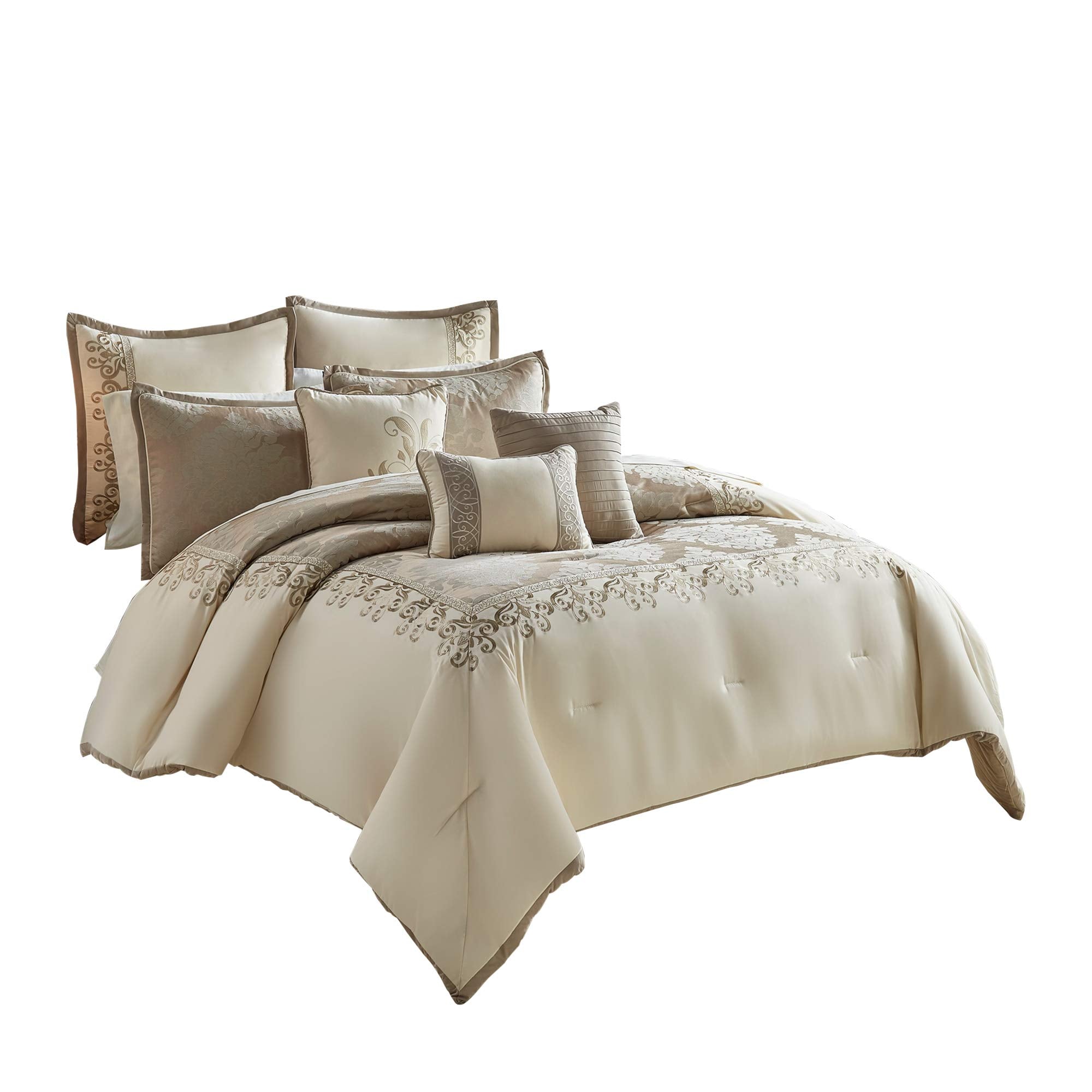 Benjara 10 Piece King Polyester Comforter Set with Damask Print, Cream and Gold