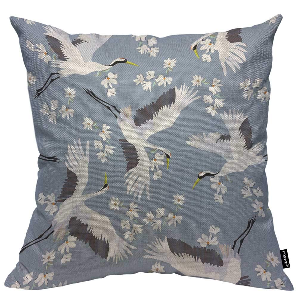 HOSNYE Crane Throw Pillow Case Cushion Covers Flying Bird Flower Blue White Cotton Linen for Couch Bed Sofa Car Waist 20 x 20 in