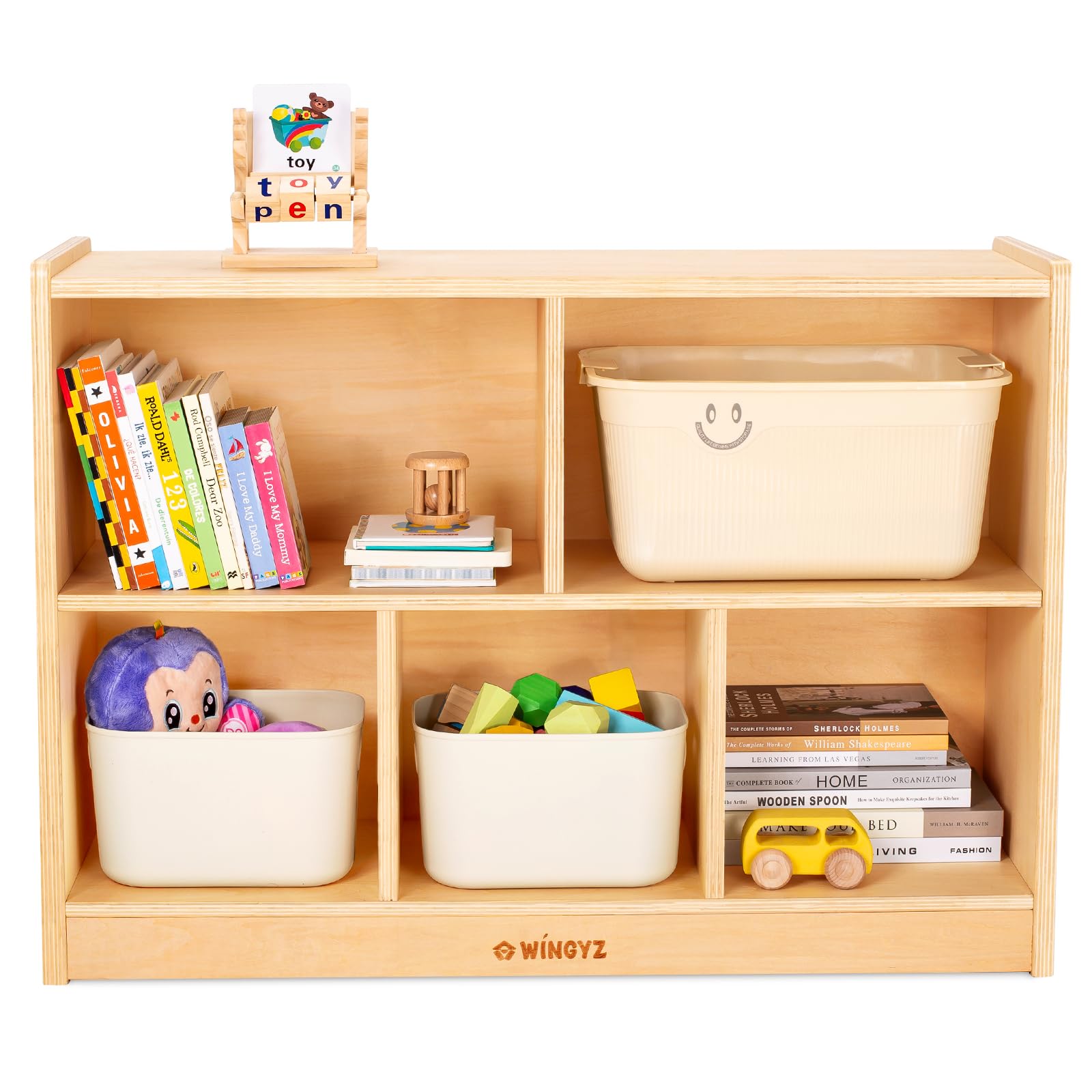 wingyz Wood Storage Shelf Organizer, 35.4 L, 5-Section Montessori Kids Toy & Book Shelf, Wooden Cabinet for Kids Rooms, Playroom
