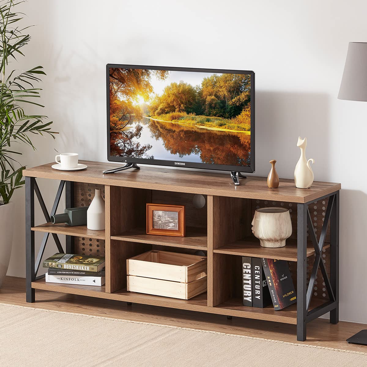 LVB Rustic Entertainment Center for 65 Inch TV, Industrial Wood and Metal TV Stand with Storage Shelf, Modern Television Media C