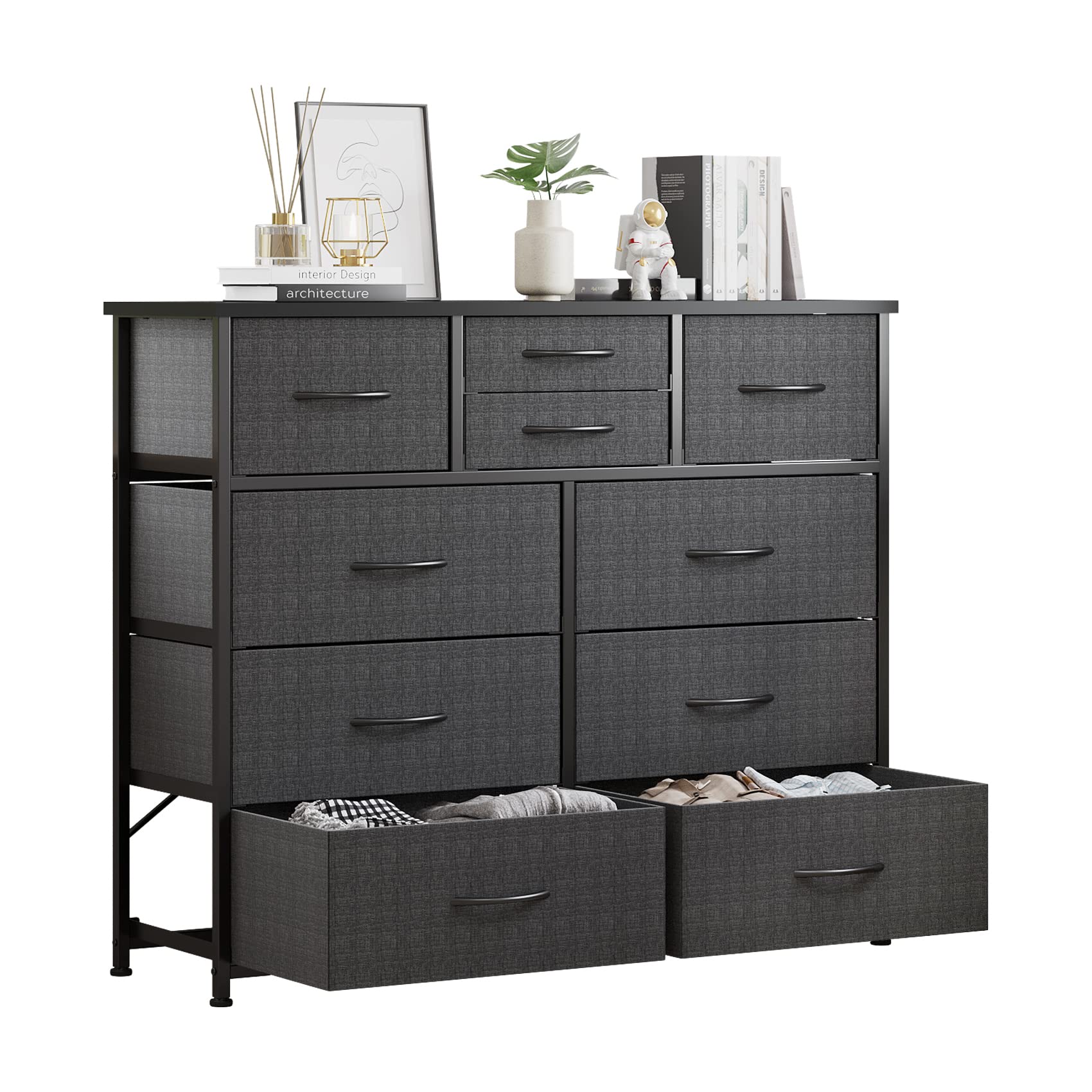 LUMTOK 10-Drawer Dresser, Fabric Storage Dressers for Bedroom, Hallway, Nursery, Closets, Steel Frame, Wood Top, Easy Pull Handl