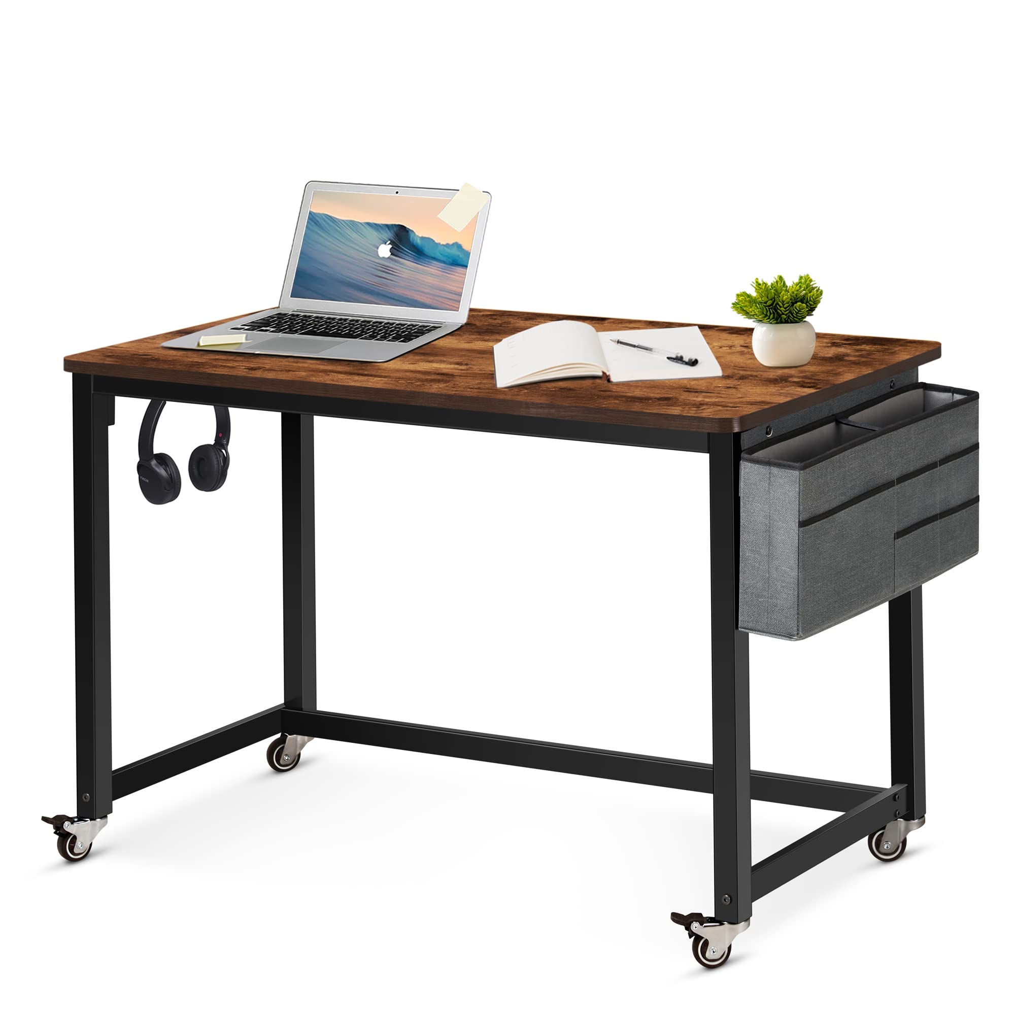 AHB 47 Rolling Computer Desk with 4 Smooth Wheels and 3 Iron Hooks, Simple Style Mobile Writing Desk Home Office Study Table Mov