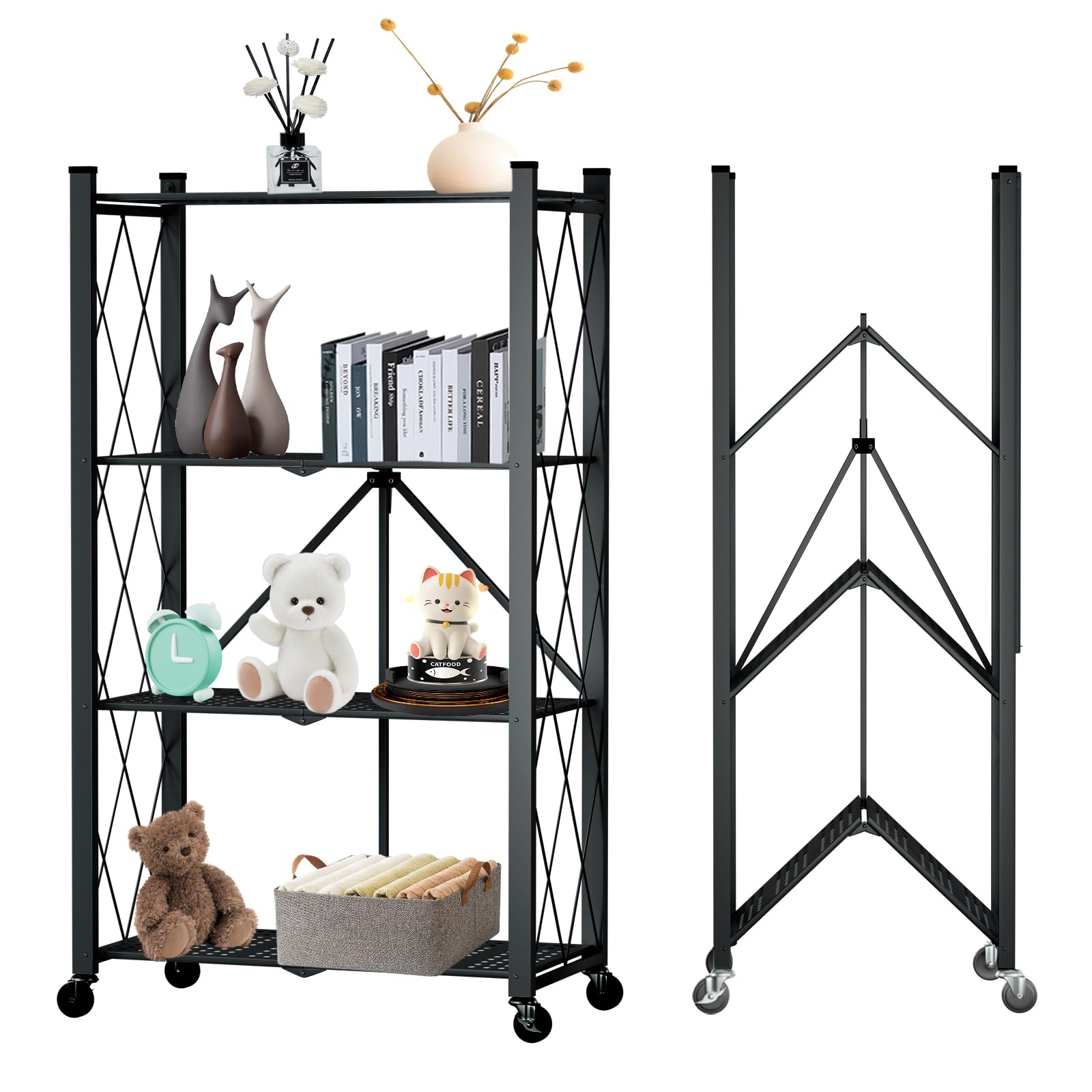 Yuanjimi 4 Tier Foldable Storage Shelf with Wheels, Heavy Duty Folding Shelf Loads 600 LBS, Metal Steel Collapsible Shelves, Rol