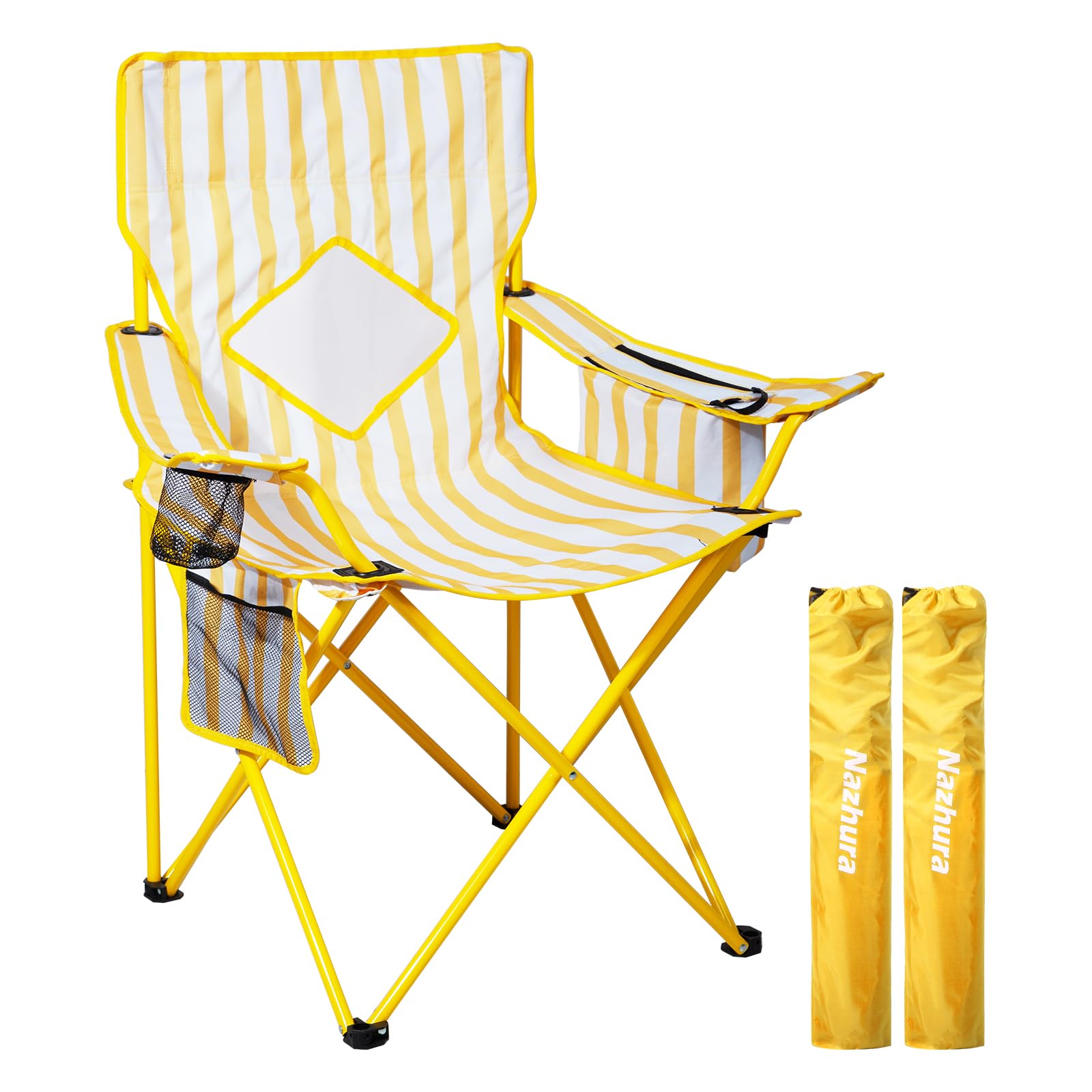 Nazhura 2 Pack Folding Camping Chair with Cooler Pouch, Mesh Backrest and Cup Holder Pocket (Yellow, 2 Pack)