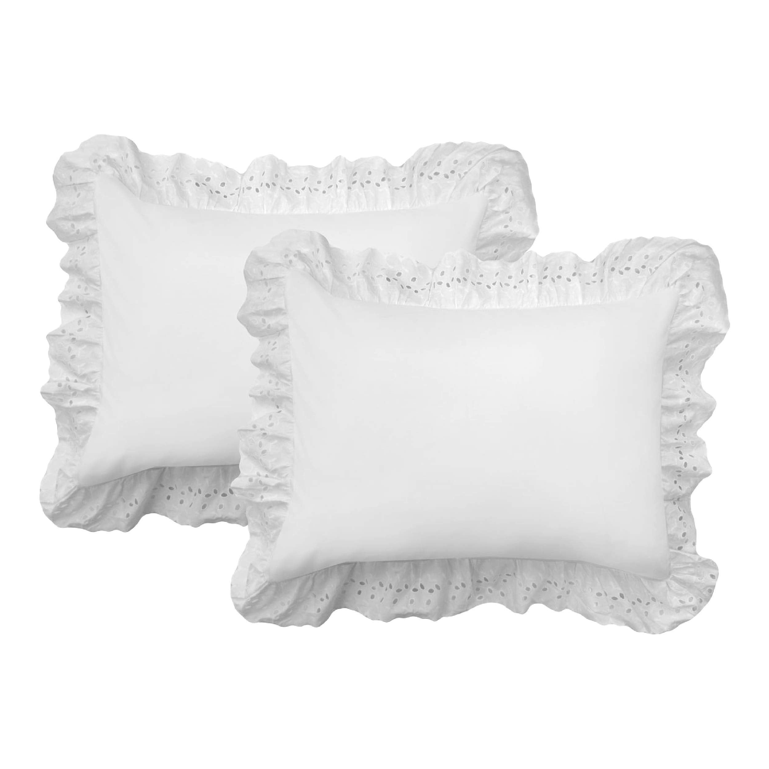 Fresh Ideas Ruffled Bed Pillow Shams with Embroidered Eyelet Detail, Standard, White, 2-Pack