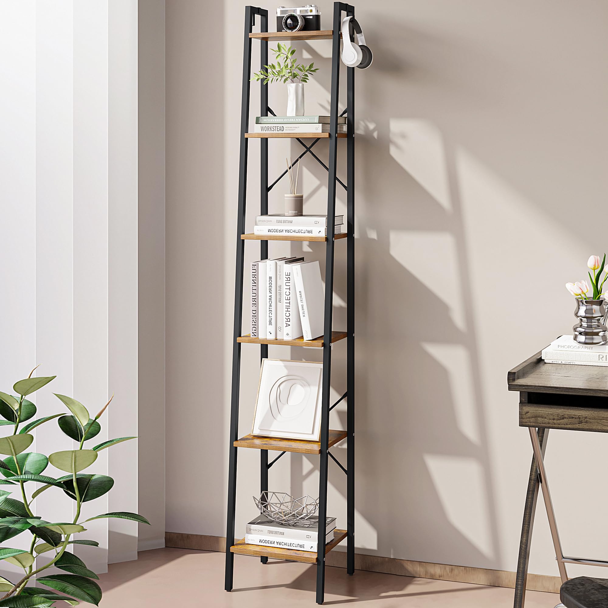 Hzuaneri Ladder Shelf, Bookshelf Bookcase, Freestanding Corner Storage Shelve with 2 Hooks for Home Office, Living Room, Kitchen