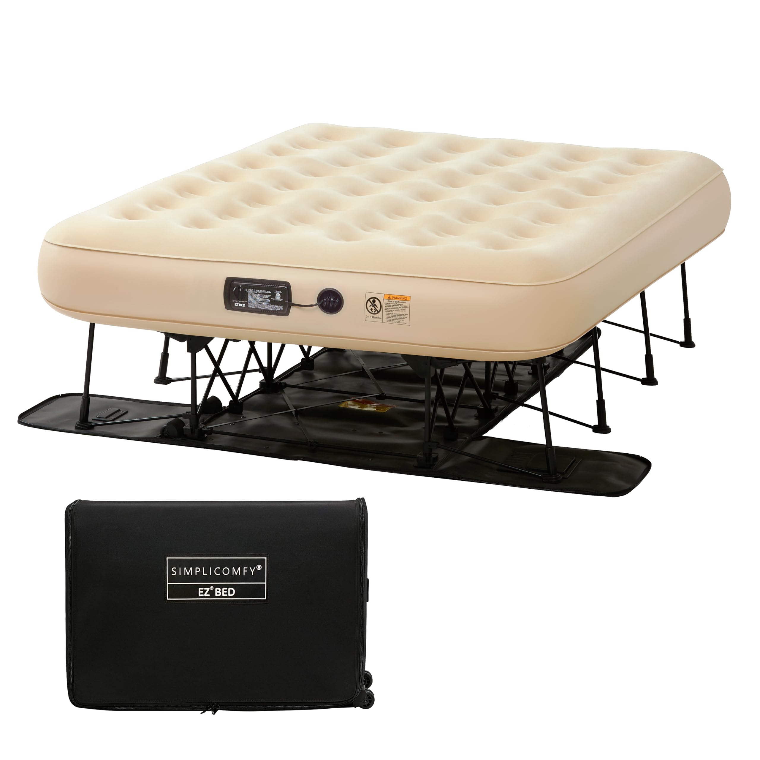 Simpli Comfy Queen EZ Bed Self-Inflating Air Mattress with Built-in Frame, Pump and Wheeled Case, Blow Up Inflatable Rolling Air