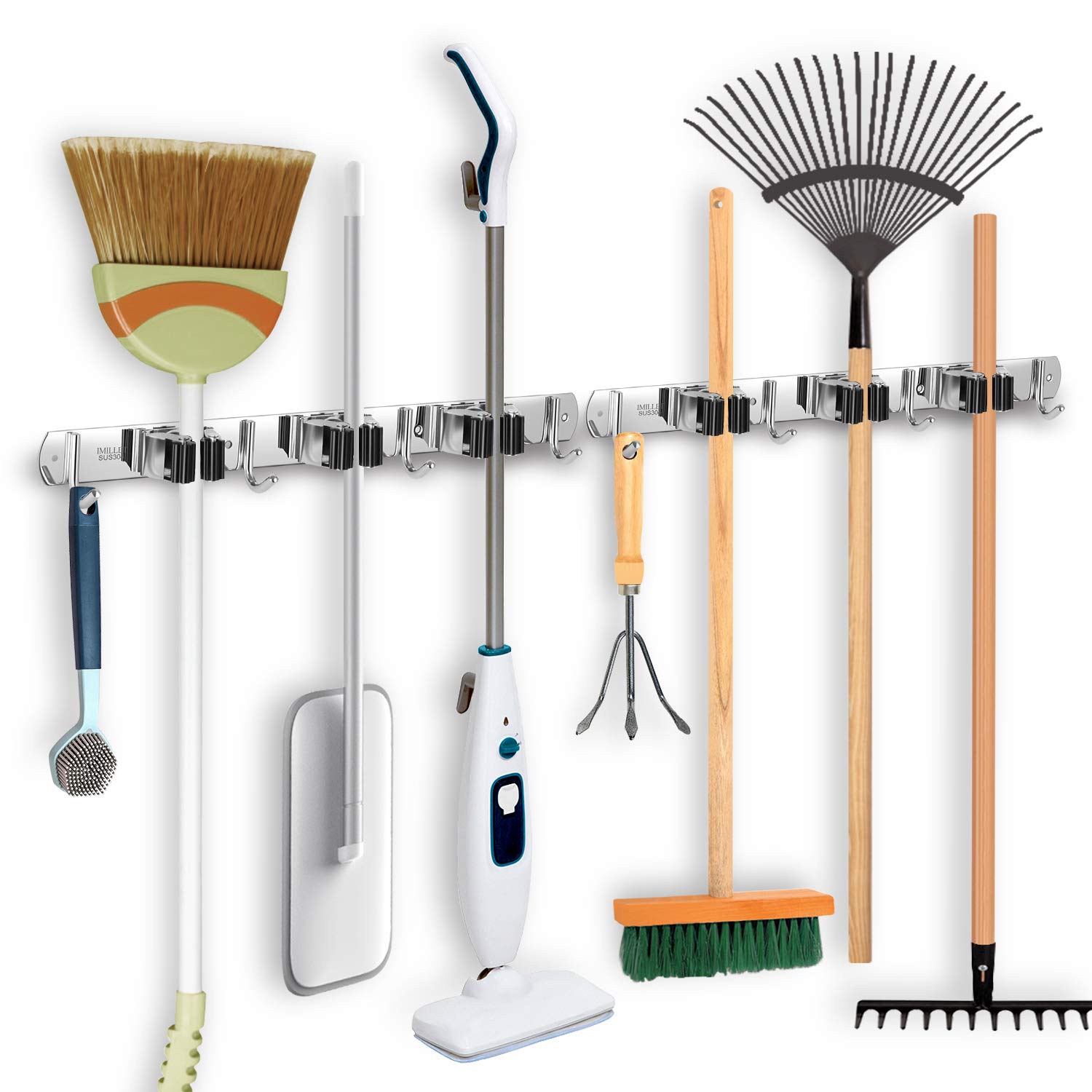 IMILLET 2 Pack Broom and Mop Holder Wall Mounted, Stainless Steel Broom Holder Mop Holder Self Adhesive Heavy Duty Hooks Storage