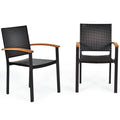 Tangkula 2 Pieces Stackable Patio Rattan Chair, Outdoor PE Wicker Dining Armchair W/Galvanized Steel Frame, Acacia-Topped Armres