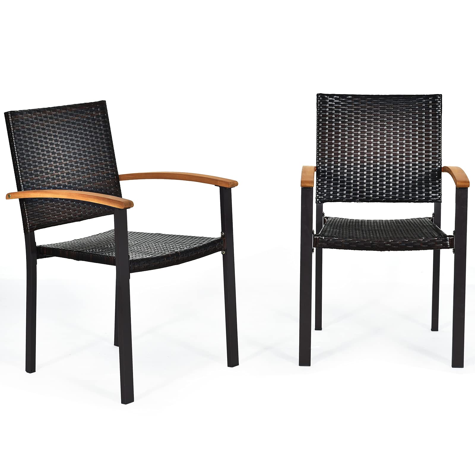 Tangkula 2 Pieces Stackable Patio Rattan Chair, Outdoor PE Wicker Dining Armchair W/Galvanized Steel Frame, Acacia-Topped Armres