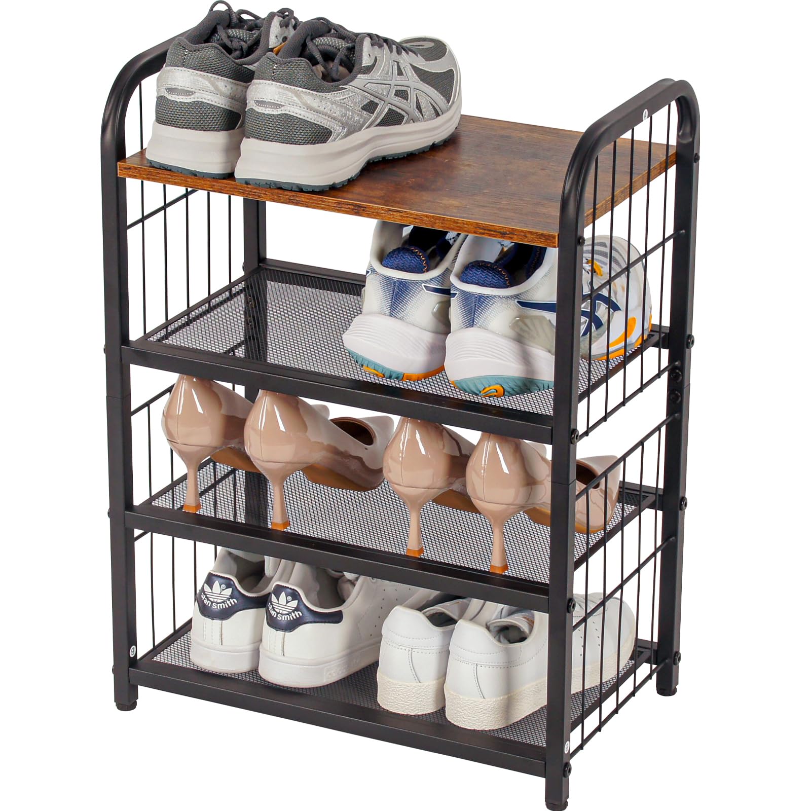 BWOORACKU Shoe Rack, 4-Tier Shoe Organizer with Guardrails, Heavy-Duty Metal Mesh Shelves & Rustic Wooden Top for Stylish Closet