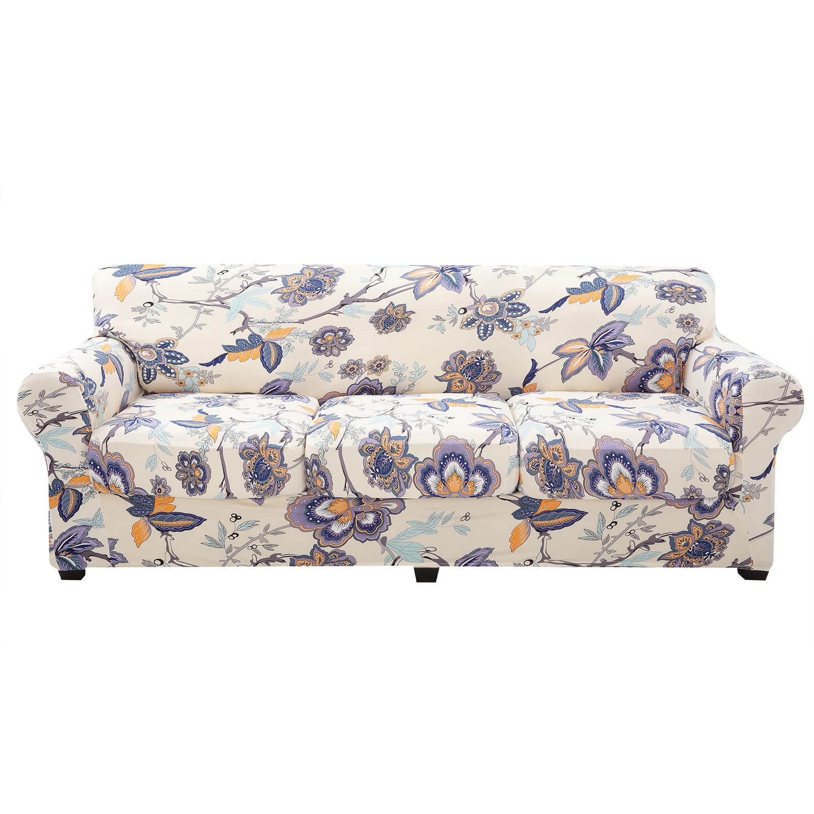 hyha Couch Cover, Floral Pattern, Stretch, Printed, 4 Pieces, Sofa Slipcovers, for 3 Separate Cushion Couch, Washable Furniture 