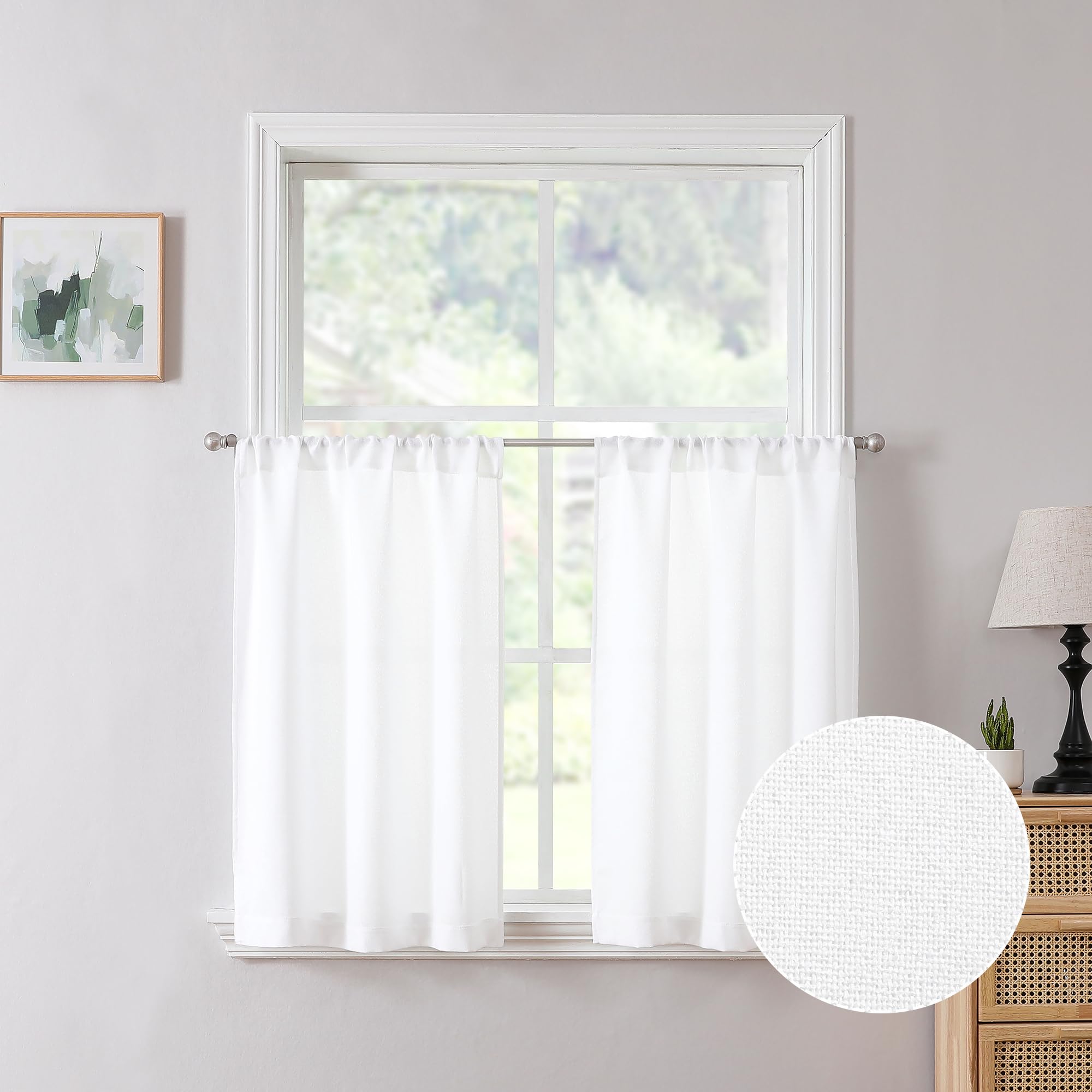 Tollpiz Linen Tier Curtain Rod Pocket Semi Sheer Half Kitchen Curtains Burlap Light Filtering Thick Linen Drape for Bathroom, 30