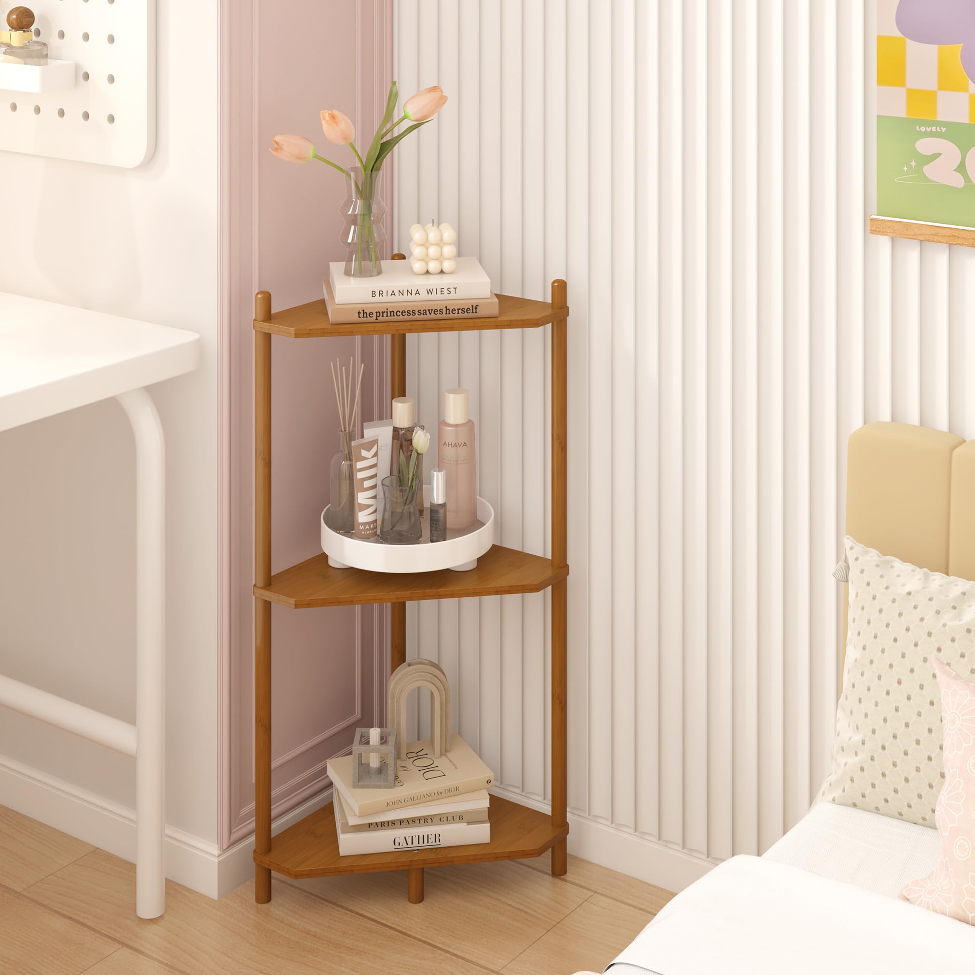 Wisuce Corner Shelf Stand - 3 Tier Bamboo Small Corner Bookshelf for Office Kitchen Bedroom Plant Stand Living Room Decor Small 