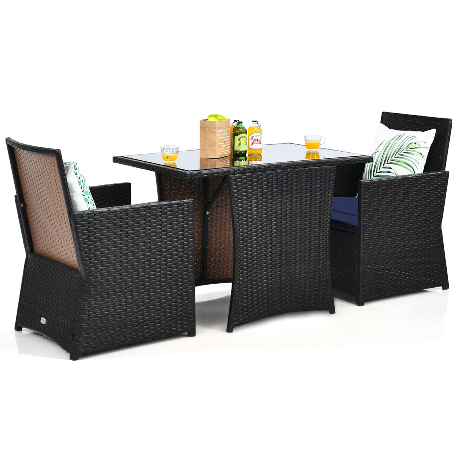 KOTEK 3 Piece Outdoor Dining Set, PE Rattan Dining Table & Chairs Set with Tempered Glass Top & Cushions, Wicker Conversation Se