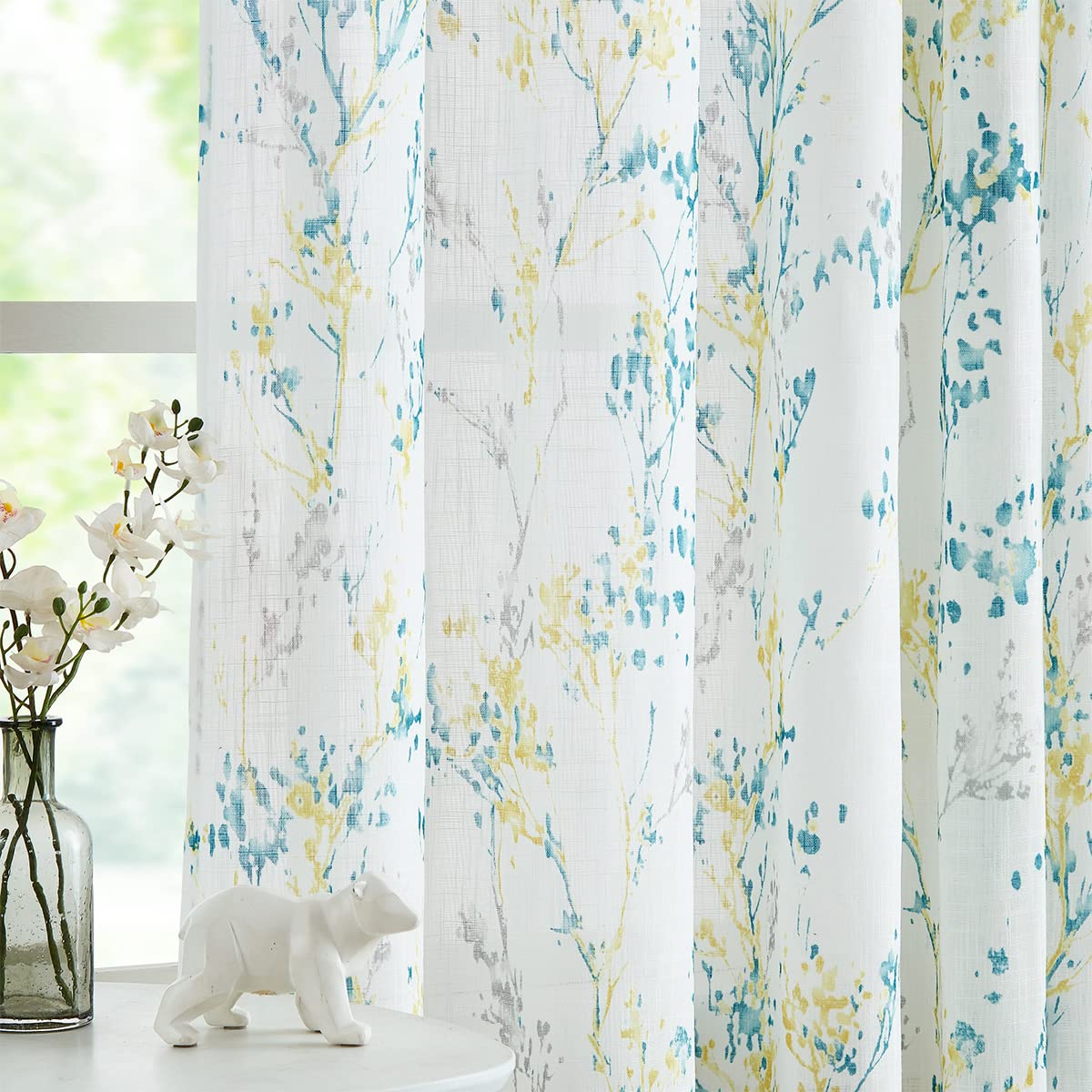 Tree Semi Sheer Curtains for Living room Bedroom Teal Yellow and Grey Branch on White Window Curtains 63 inch Long Watercolor Pr