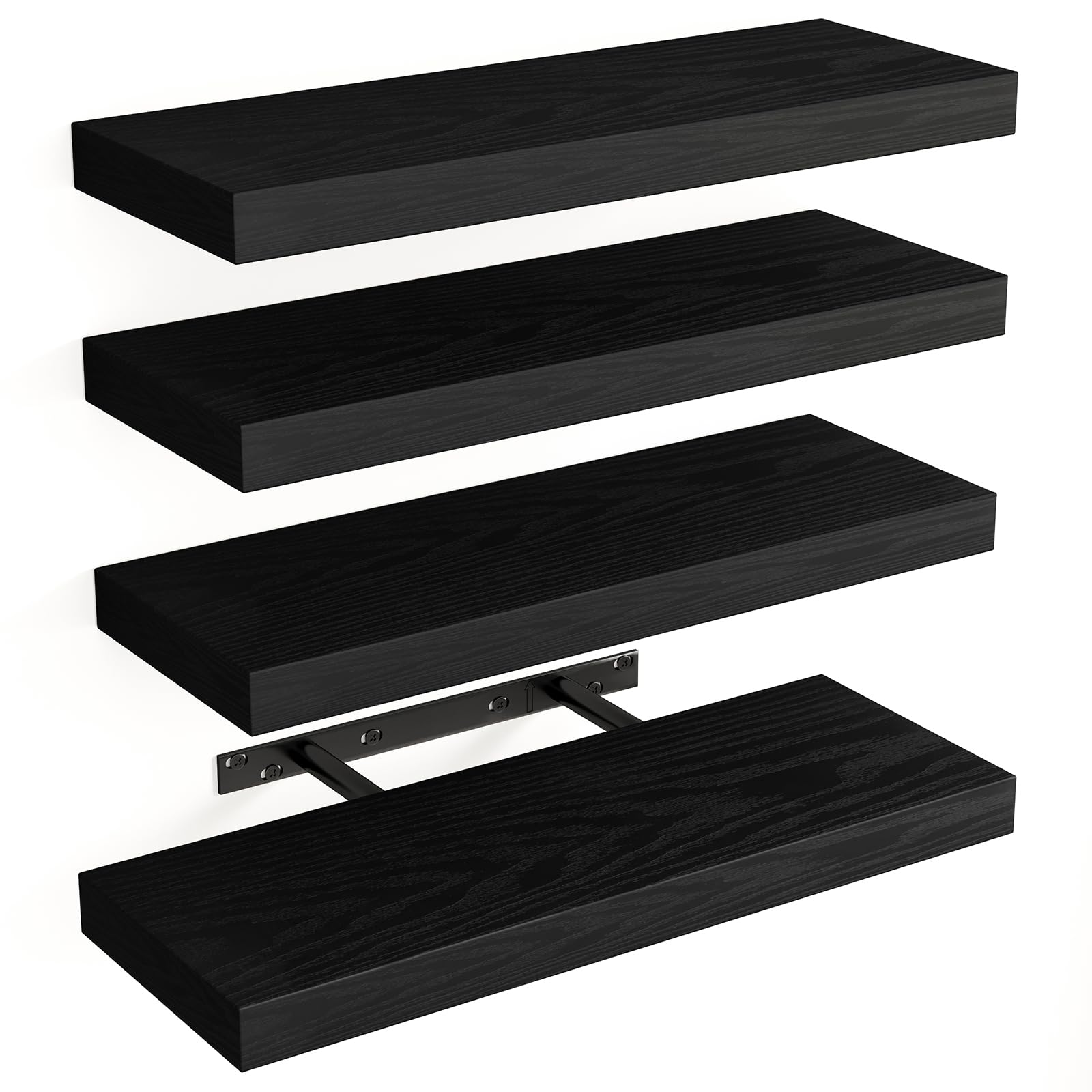 Fixwal Floating Shelves for Wall, Rustic Wood Finish Wall Shelves with Invisible Brackets, Black Floating Wall Decor Shelves for