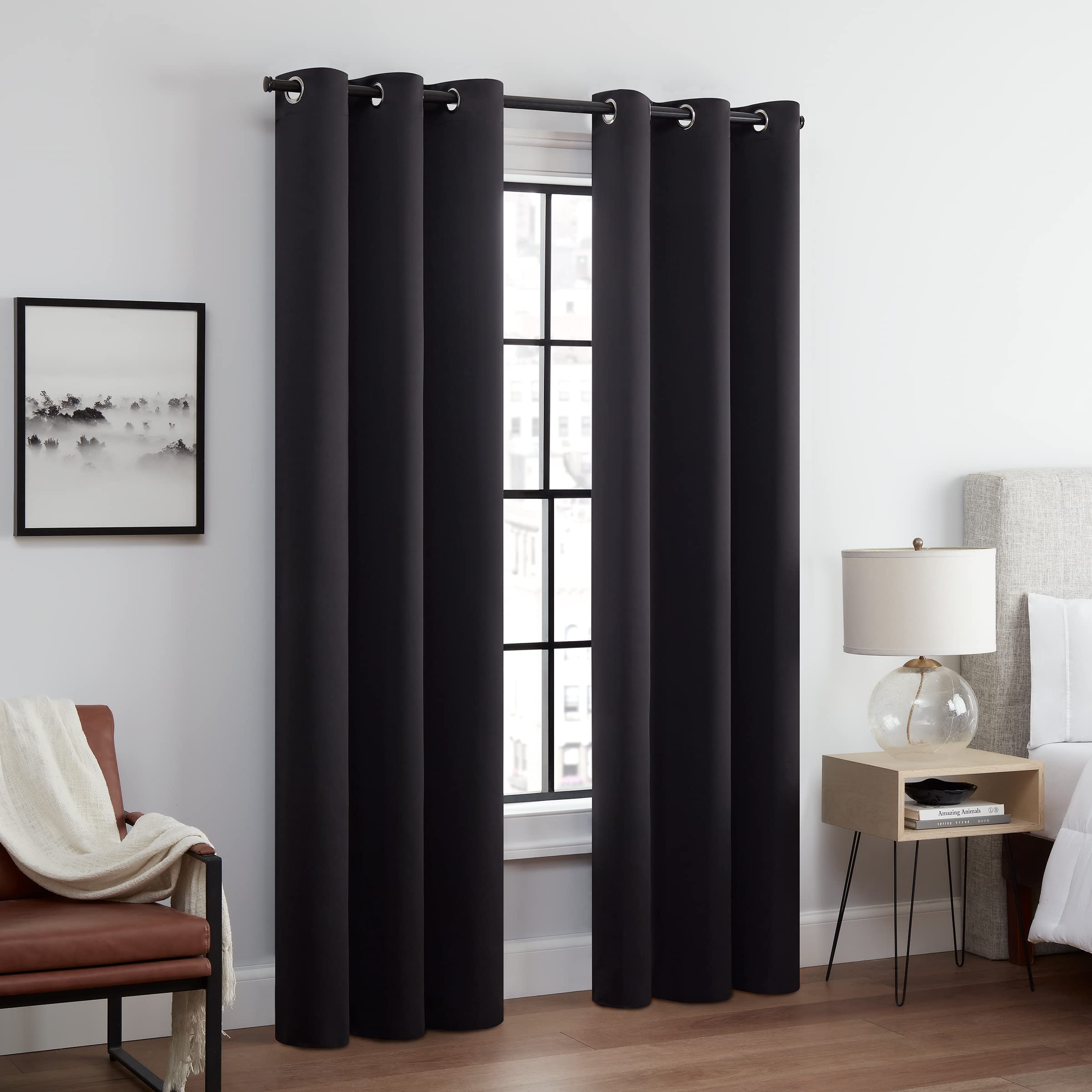 ECLIPSE Andover Solid Tripleweave Thermal Blackout Grommet Curtains for Bedroom (2 Panels), 42 in x 95 in, Black