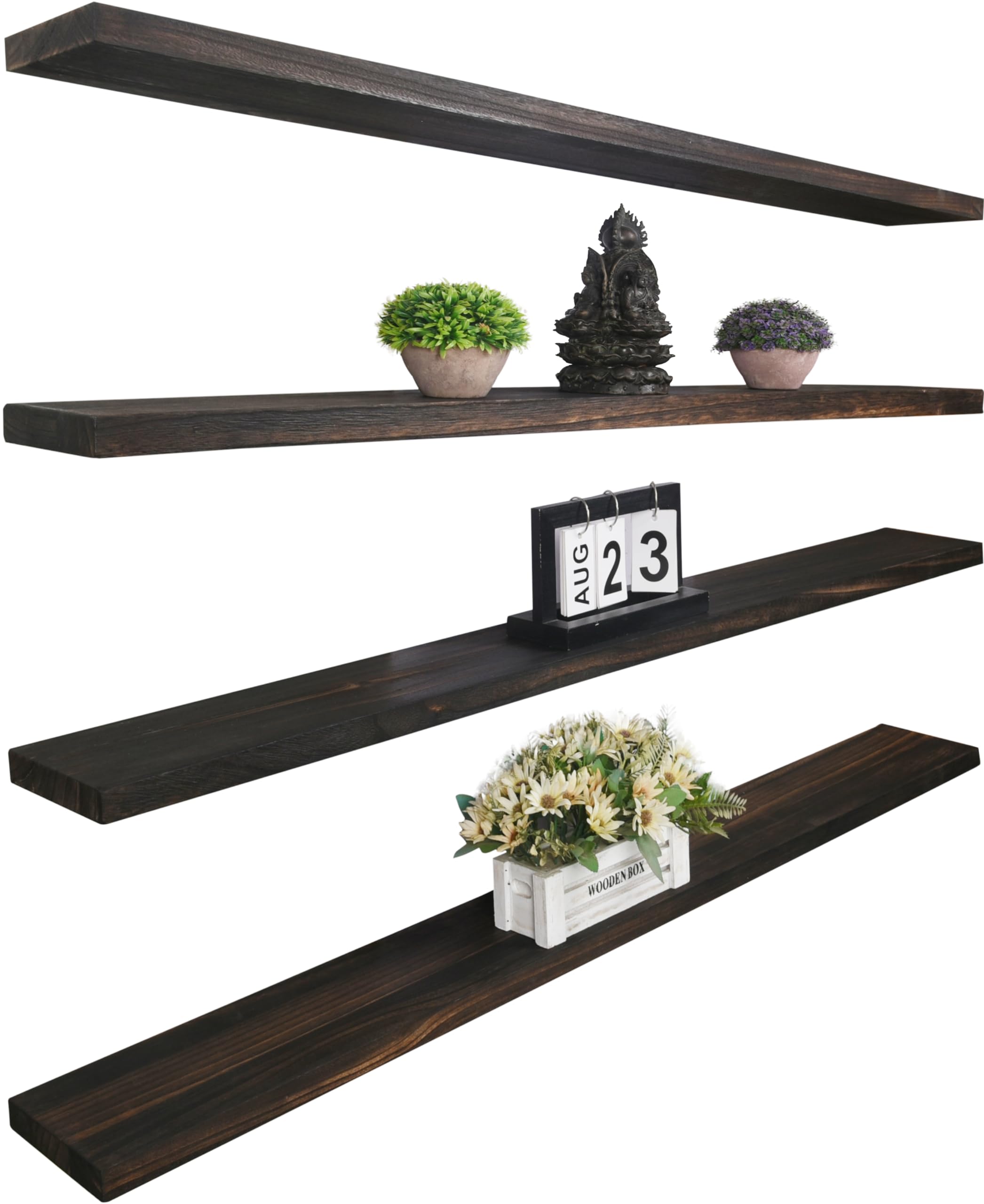 YYWUOJJ Wood Floating Shelves for Wall Decor, Rustic Wall Shelves for Bedroom Bathroom Kitchen Living Room, Set of 4 Walnut 48 I