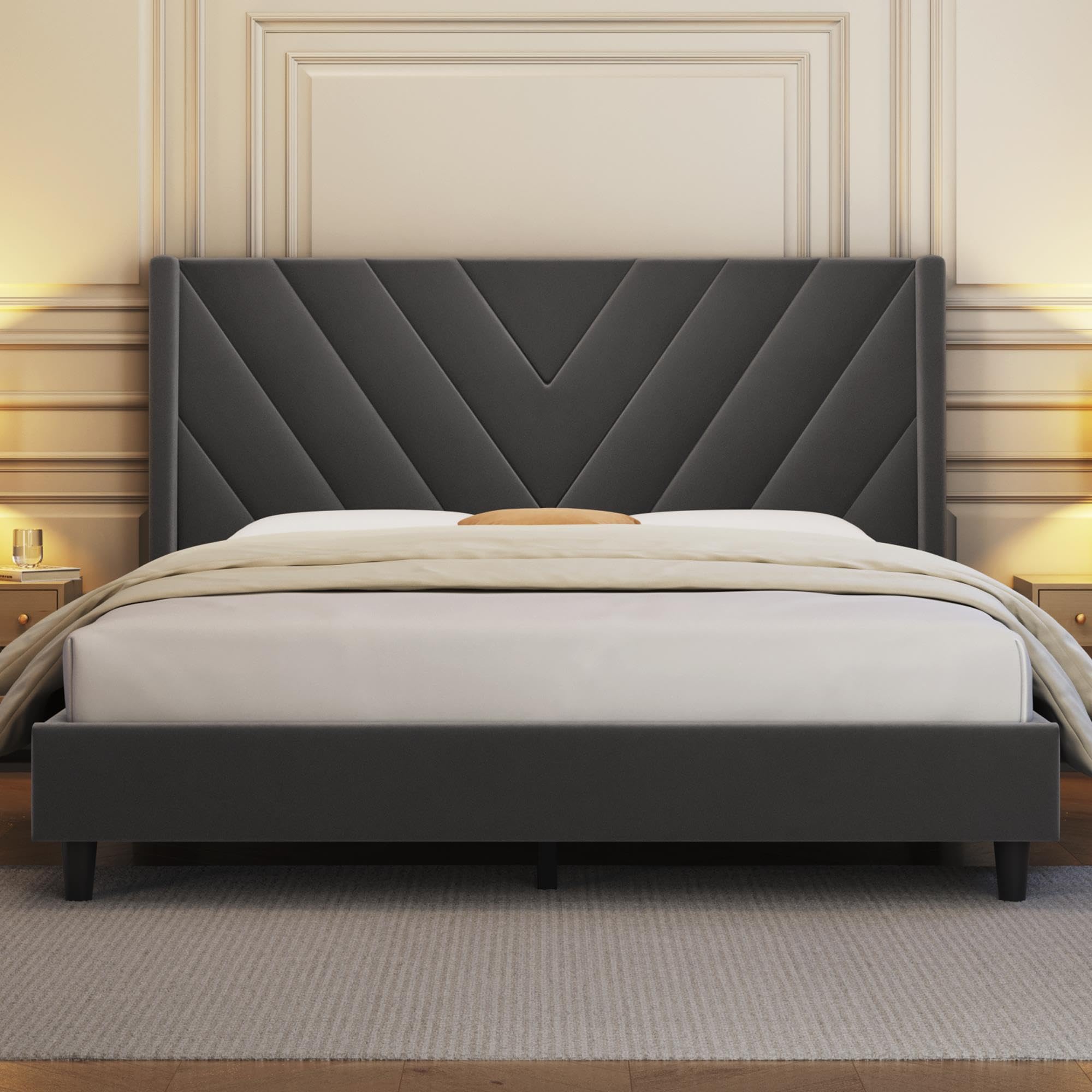Yaheetech Full Bed Frame Upholstered Platform Bed with Wing Side Tufted Headboard/Sturdy Wooden Slat Support/No Box Spring Neede