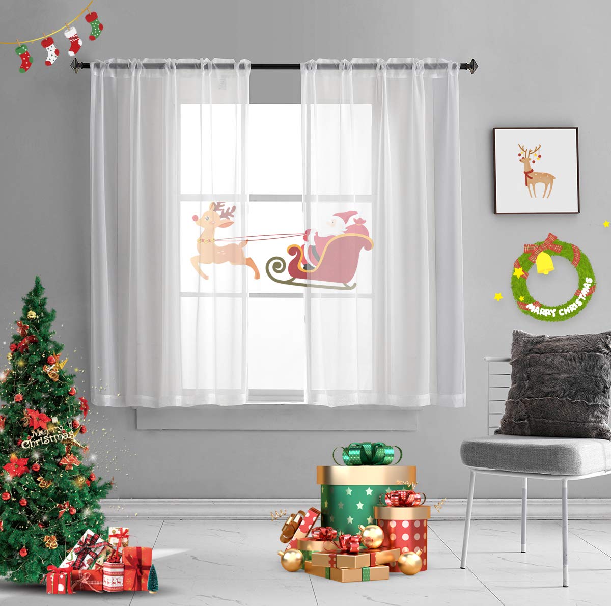TOAVA DECO Christmas White Sheer Voile Curtains Translucent Solid Color Window Treatment 45 Inches Long Panels Rod Pocket White 