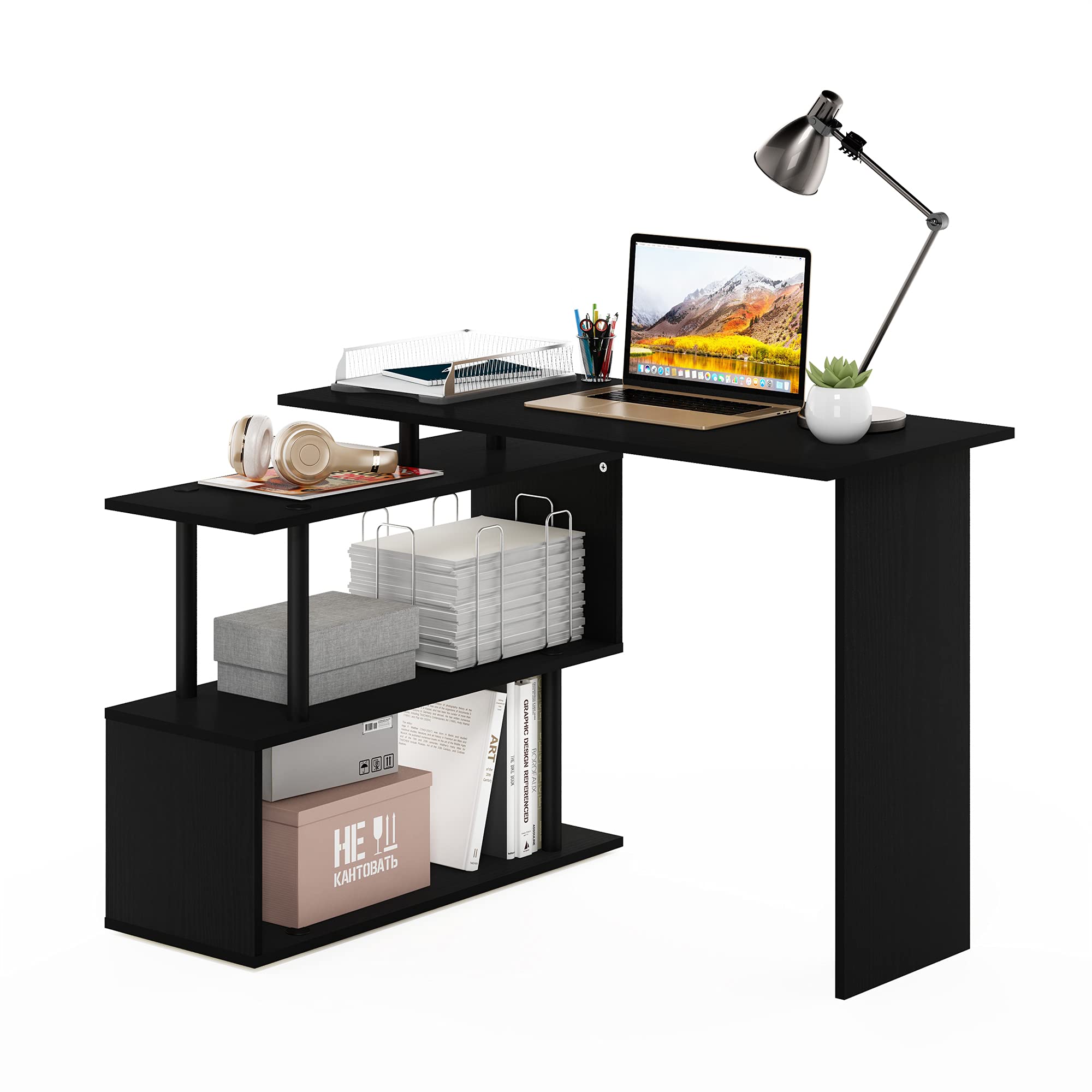 Furinno Moore L-Shape Computer Desk with 3-Tier Shelves, Americano