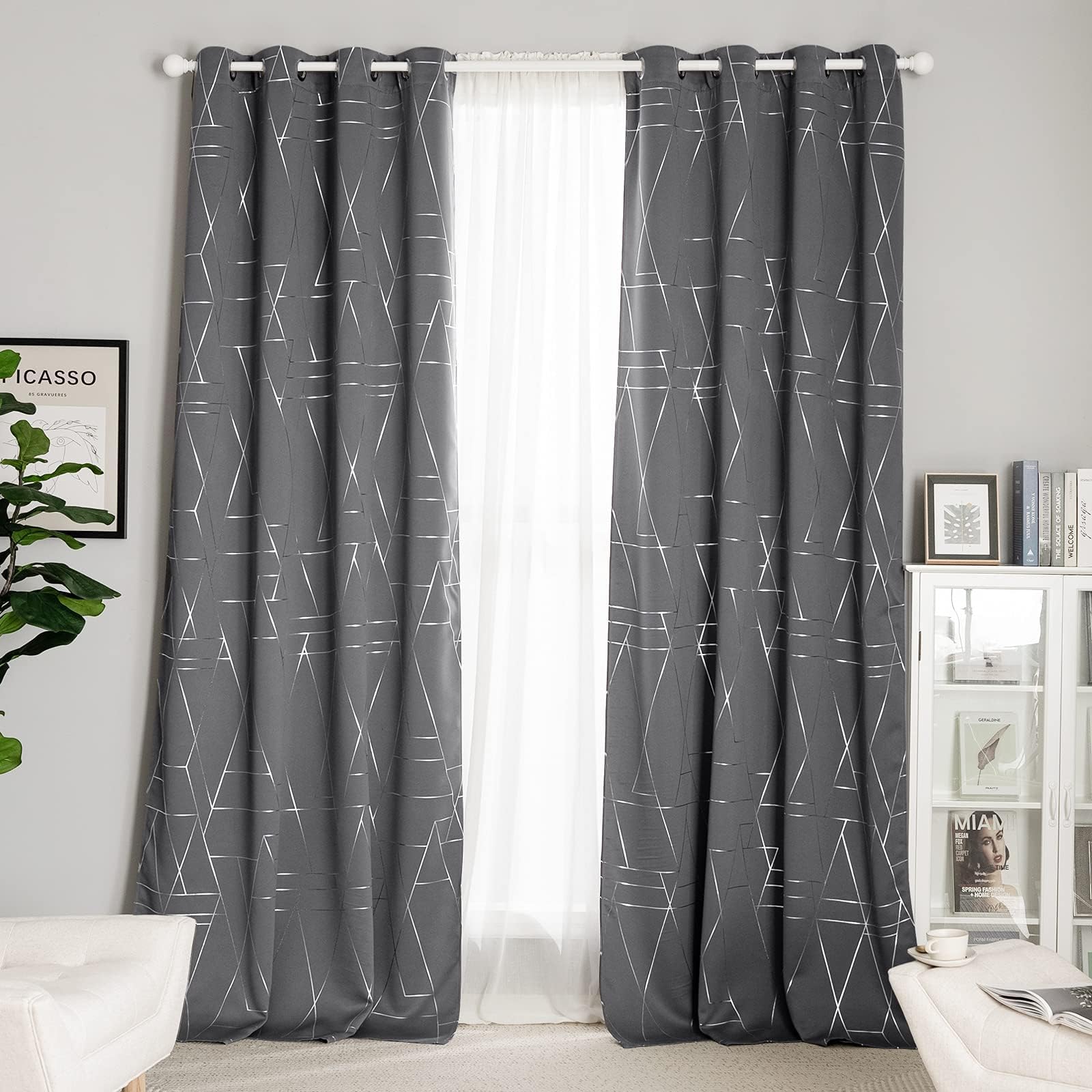 NICETOWN Blackout Curtains for Bedroom, Triangles Abstract Lines Geometric Pattern Energy Saving Thermal Insulated Grommet Black