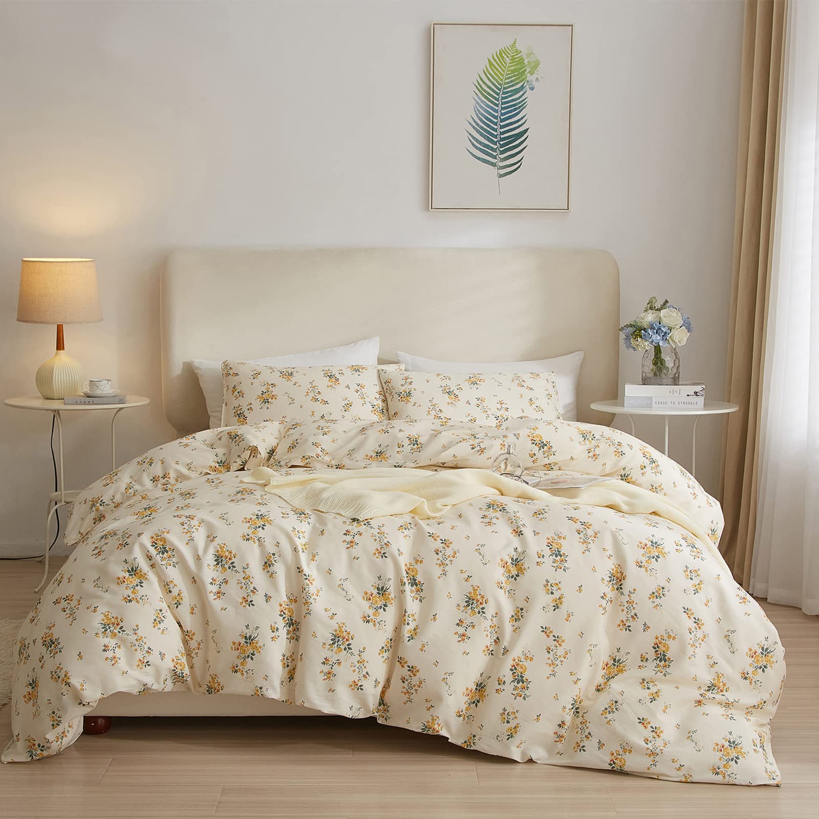 EAVD Yellow Floral Duvet Cover Full Soft Cotton Floral Cottagecore Bedding Set with 2 Pillowcases Chic Shabby Botanical Floral C
