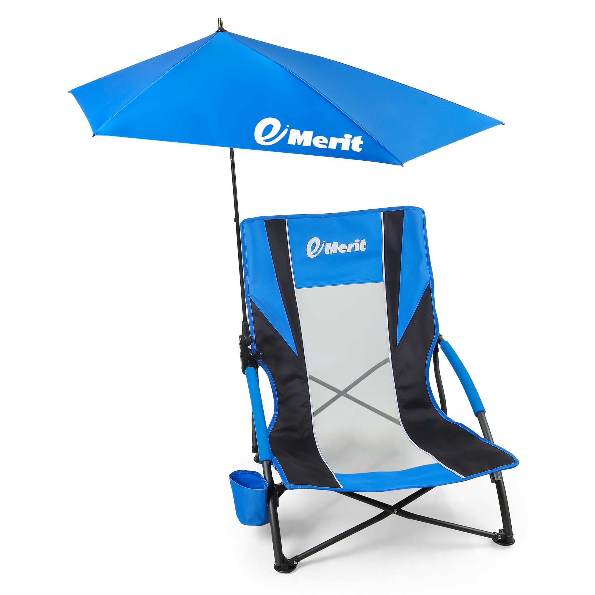 EMERIT Low Beach Chairs for Adults, Sling Beach Chair with Umberalla, Folding Backpack Camping Chair with Cup Holder