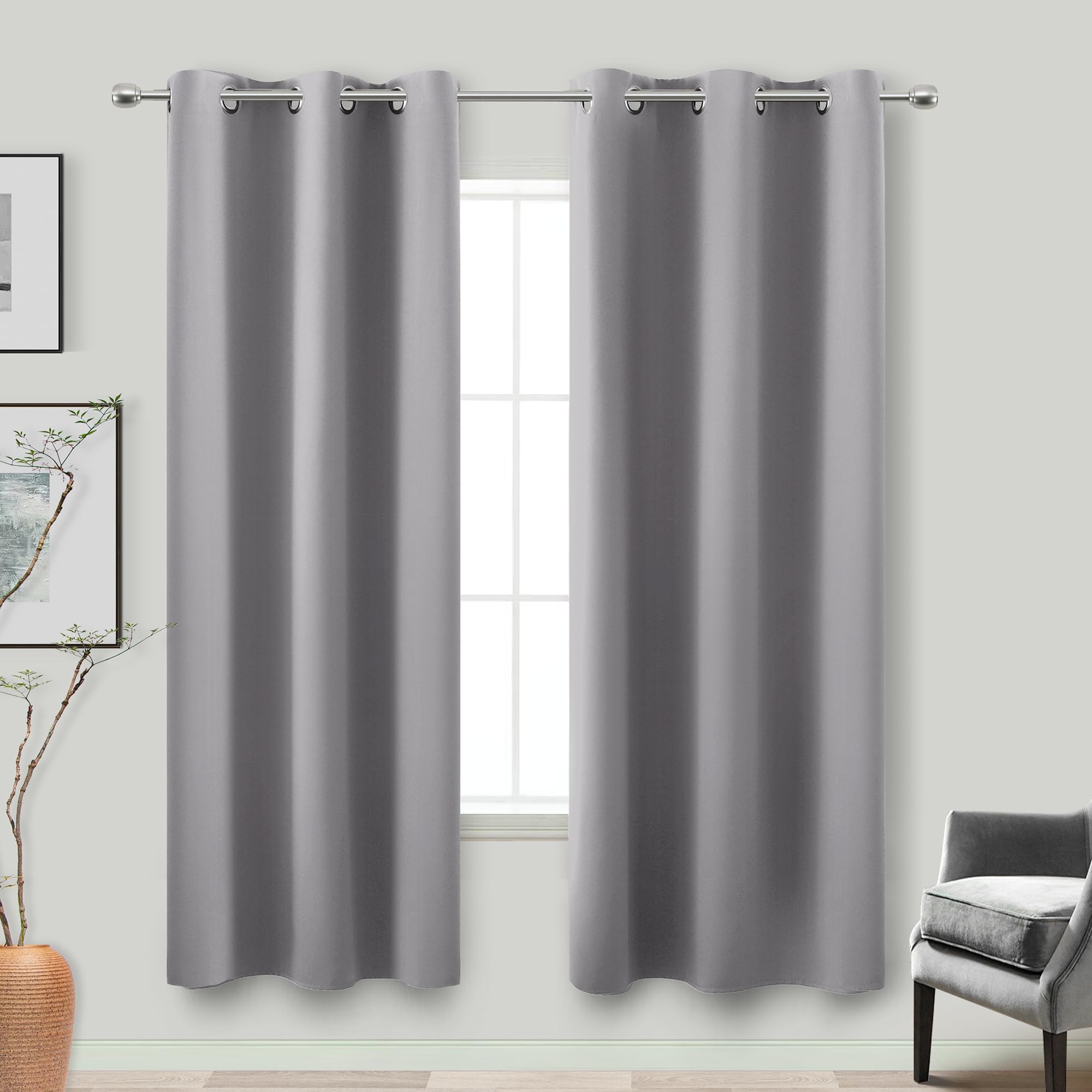72 Inch Length Grey Curtains for Room,2 Panels Set 6FT 6 FT Grommet Double Sided Blocking Thermal Insulated Blackout Room Darken