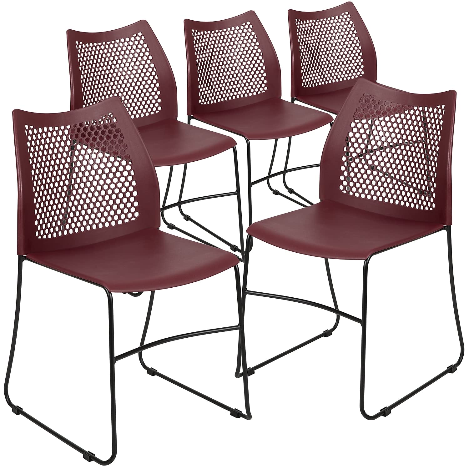 Flash Furniture HERCULES Series 5 Pack 661 lb. Capacity Burgundy Stack Chair with Air-Vent Back and Black Powder Coated Sled Bas