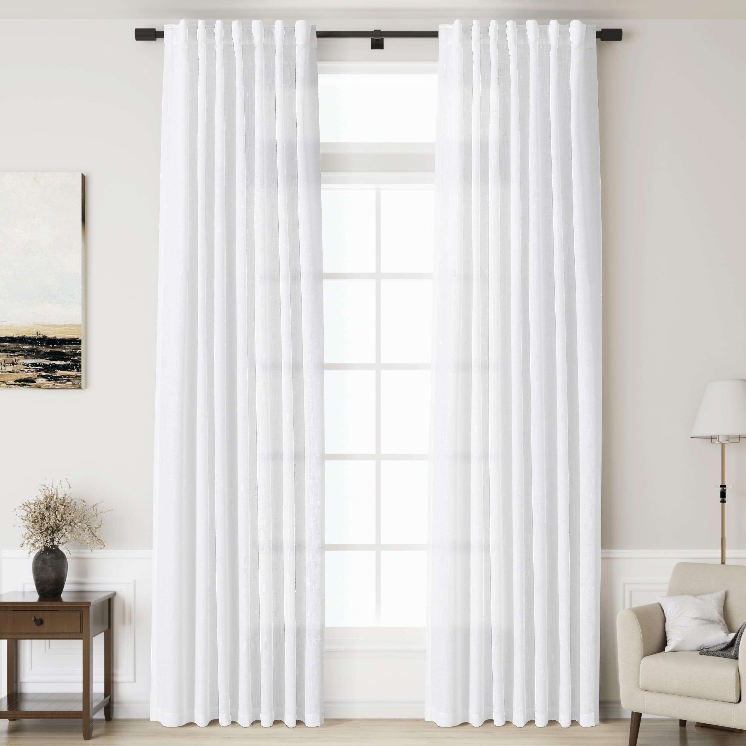 Nanspring White Extra Long Curtain 130 inches Long 2 Panels Set for Living Room Back Tab Modern Farmhouse Coastal Decor Cotton T