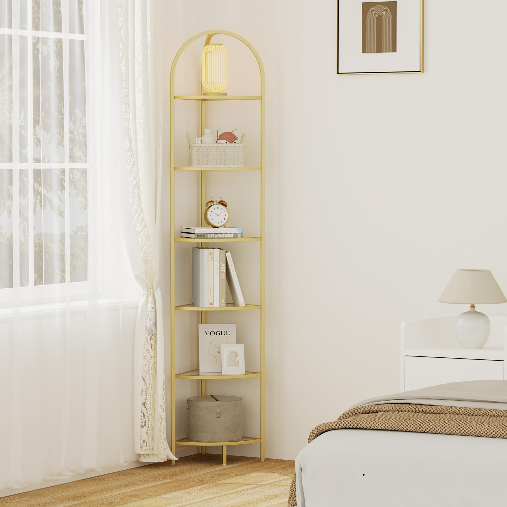 Homhedy 6-Tier Corner Shelf Stand, Metal Corner Bookshelf, Tempered Glass Shelves, Bathroom Storage Rack Shelf, Plant Stand, Mod