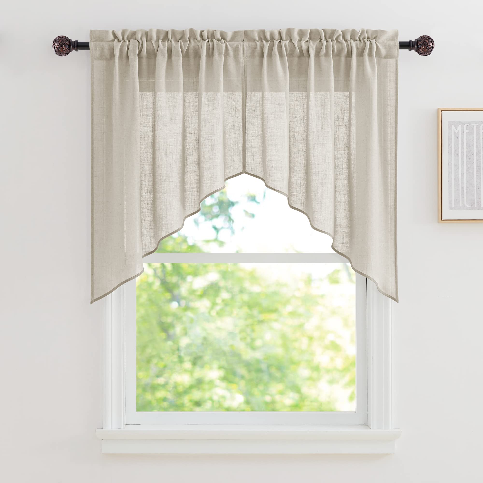 RYB HOME Window Topper Curtains - Linen Textured Semi Sheer Curtains Privacy Rod Pocket Curtain Valances Tiers Set Light Filter 