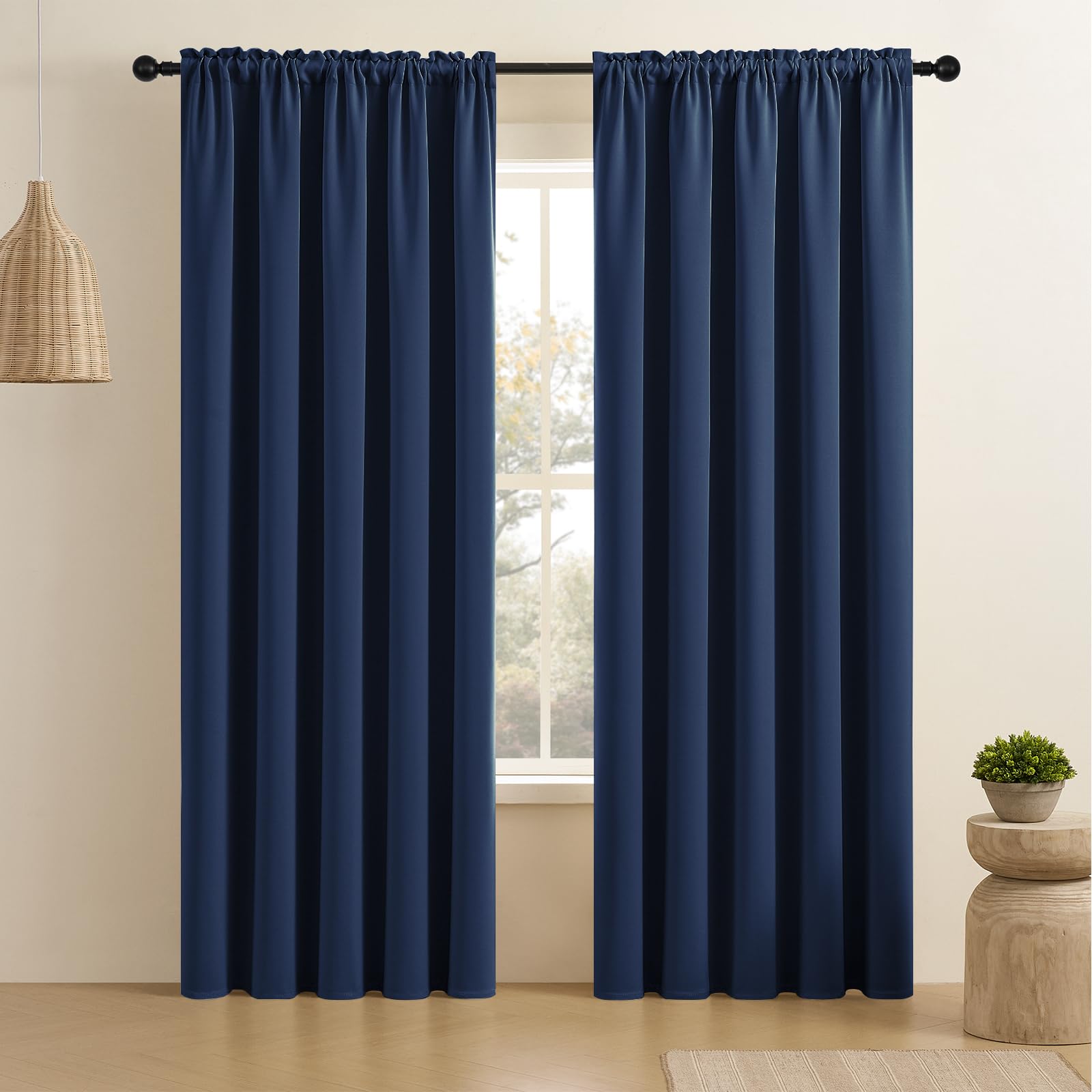 CUCRAF Navy Blue Blackout Curtains 90 inch Length 2 Panels Set, Rod Pocket Room Darkening Drapes for Bedroom Living Room, Insula