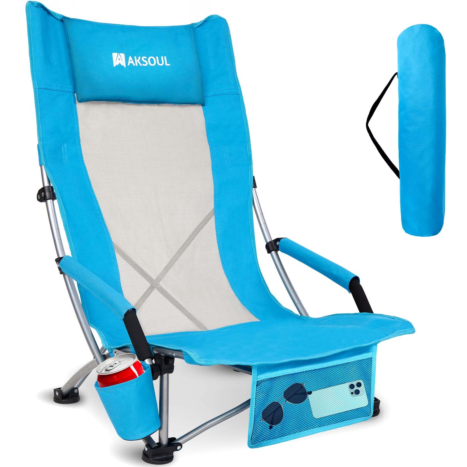 High Back Low Beach Chair: Folding Lightweight Chairs with Packable Bag for Adults - Portable Foldable Wide Seat Sand Chair for 