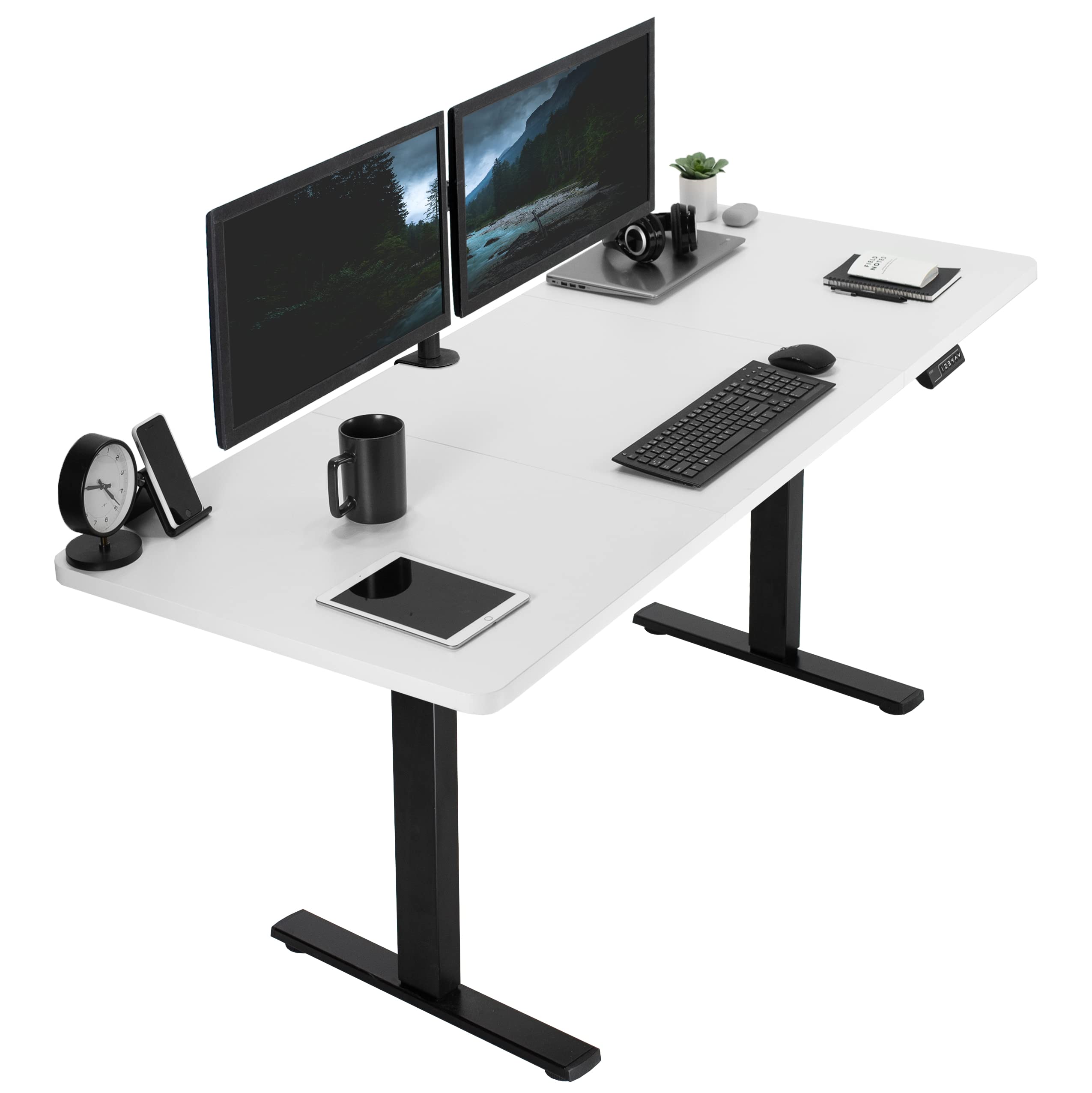 VIVO Electric Height Adjustable 71 x 30 inch Memory Stand Up Desk, White Table Top, Black Frame, Standing Workstation with Prese