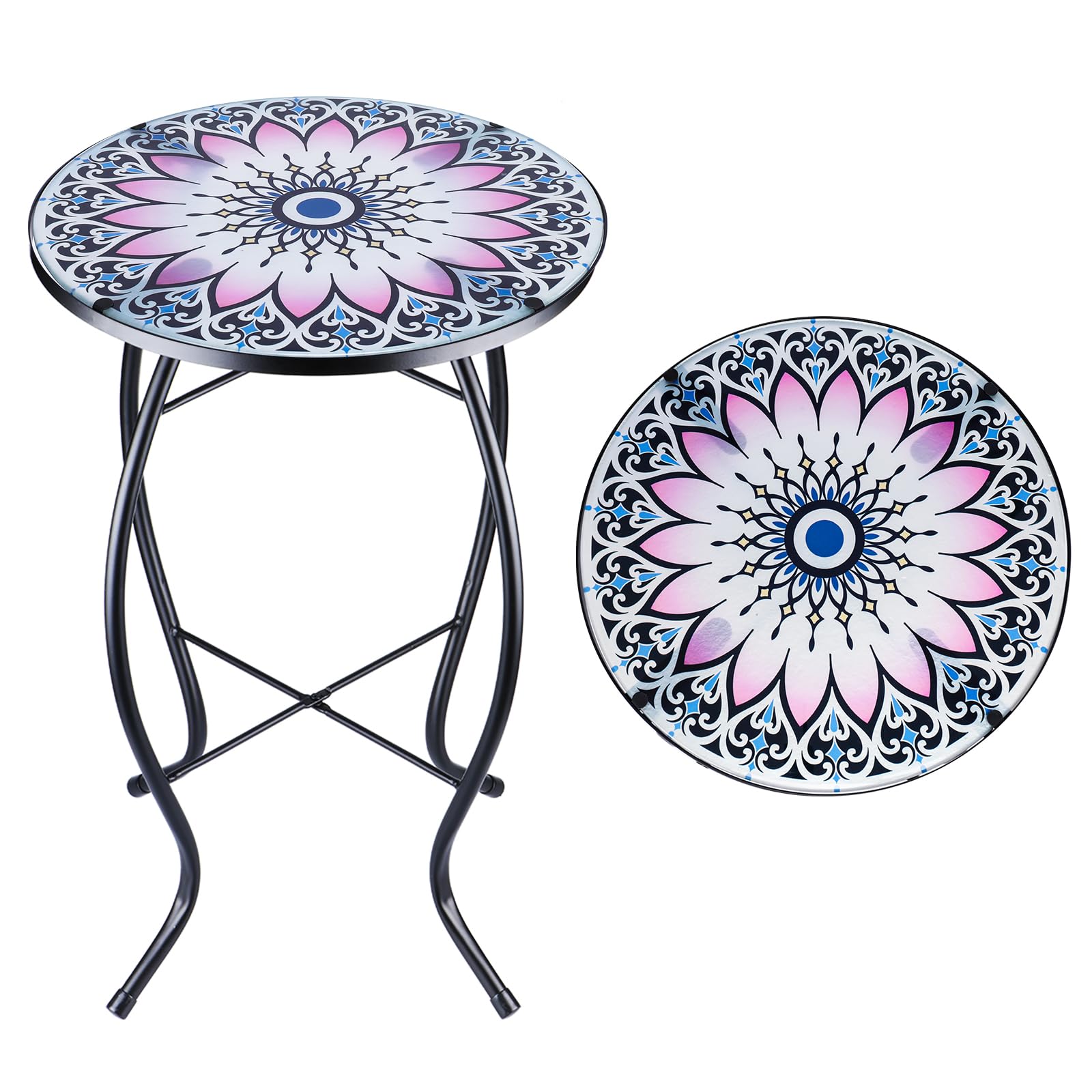 MUMTOP Side Patio Tables-Mosaic Outdoor Side Table - 14 Flower Glass Accent Round EndTable, Plant Stand Indoor Small CoffeeTable
