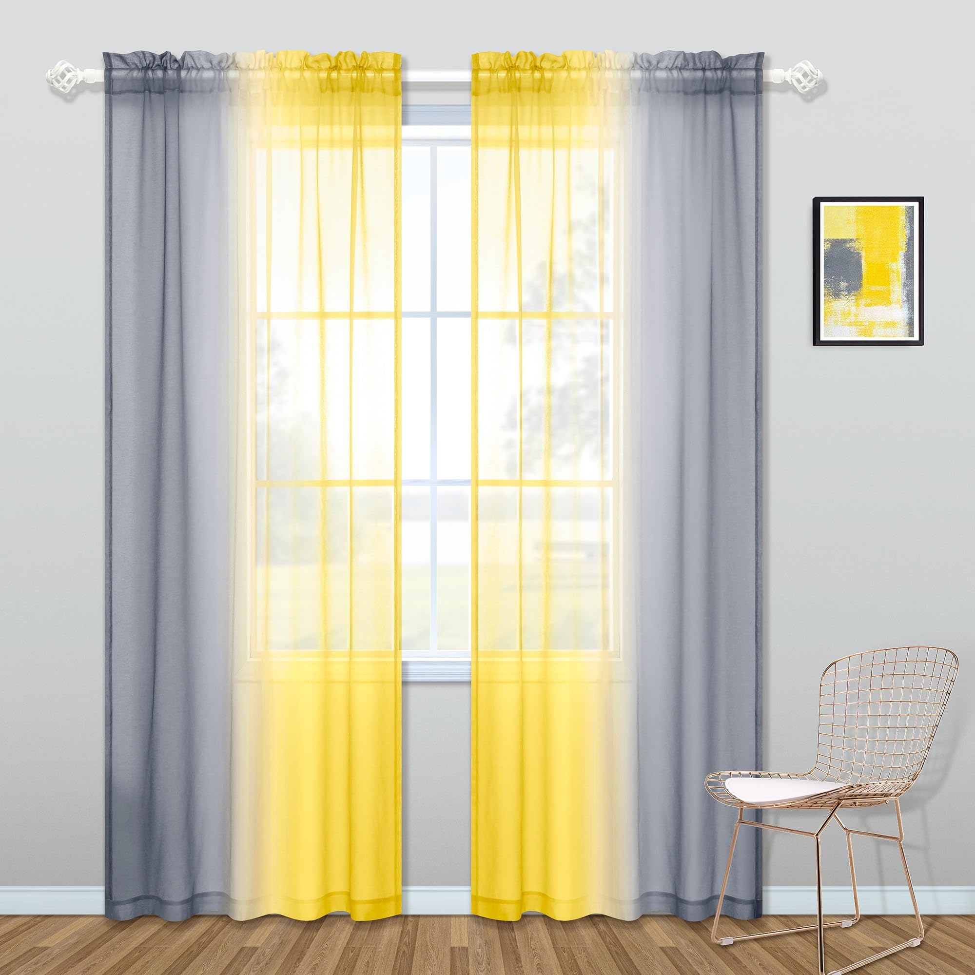 KOUFALL Yellow and Gray Curtains 84 Inch Length for Living Room Set of 2 Panels Rod Pocket Window Drapes Ombre Sunflower Colored