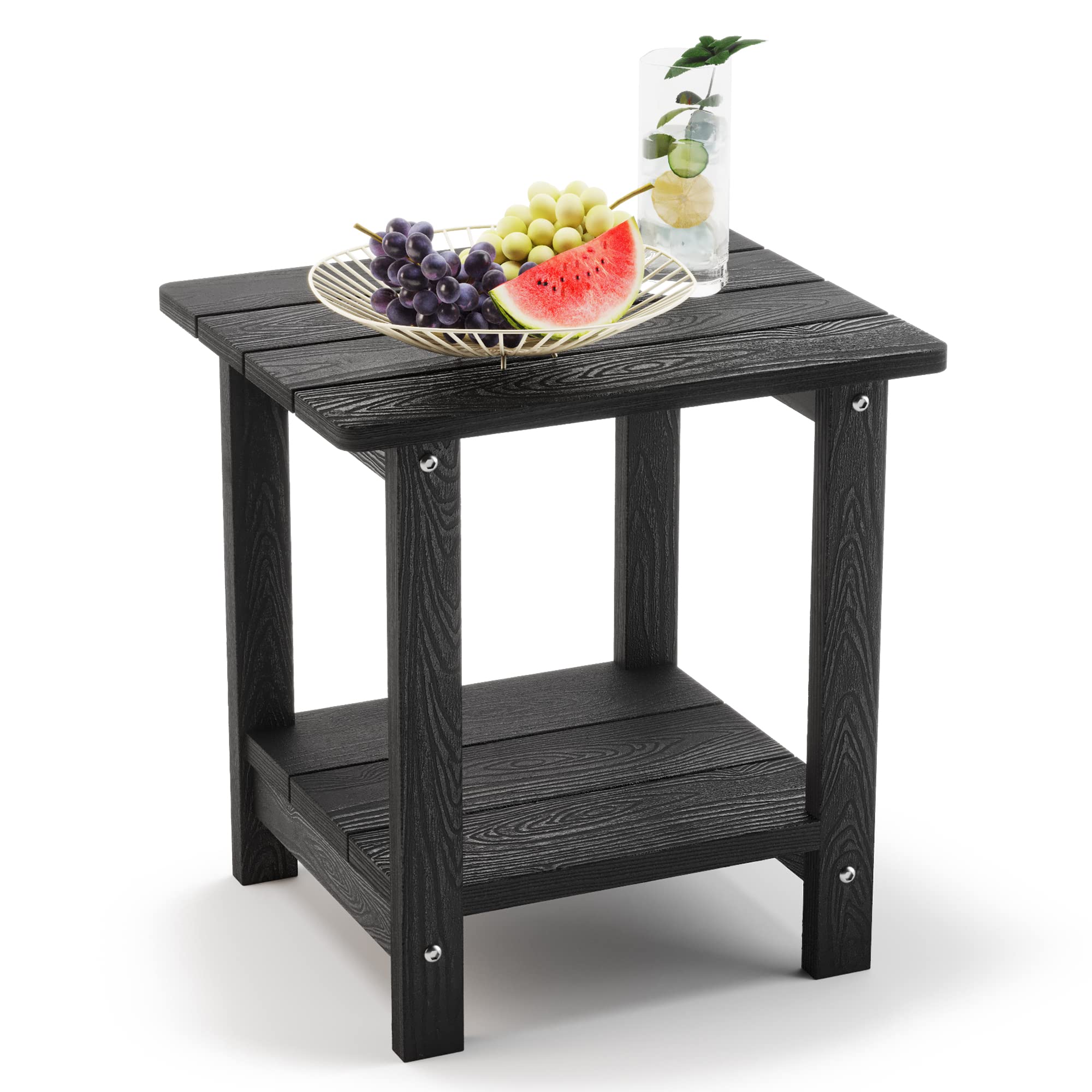LUE BONA Adirondack Outdoor Side Table, 2-Tier Black HDPS Patio End Table Weather Resistant, Morden Side Table for Patio, Pool, 
