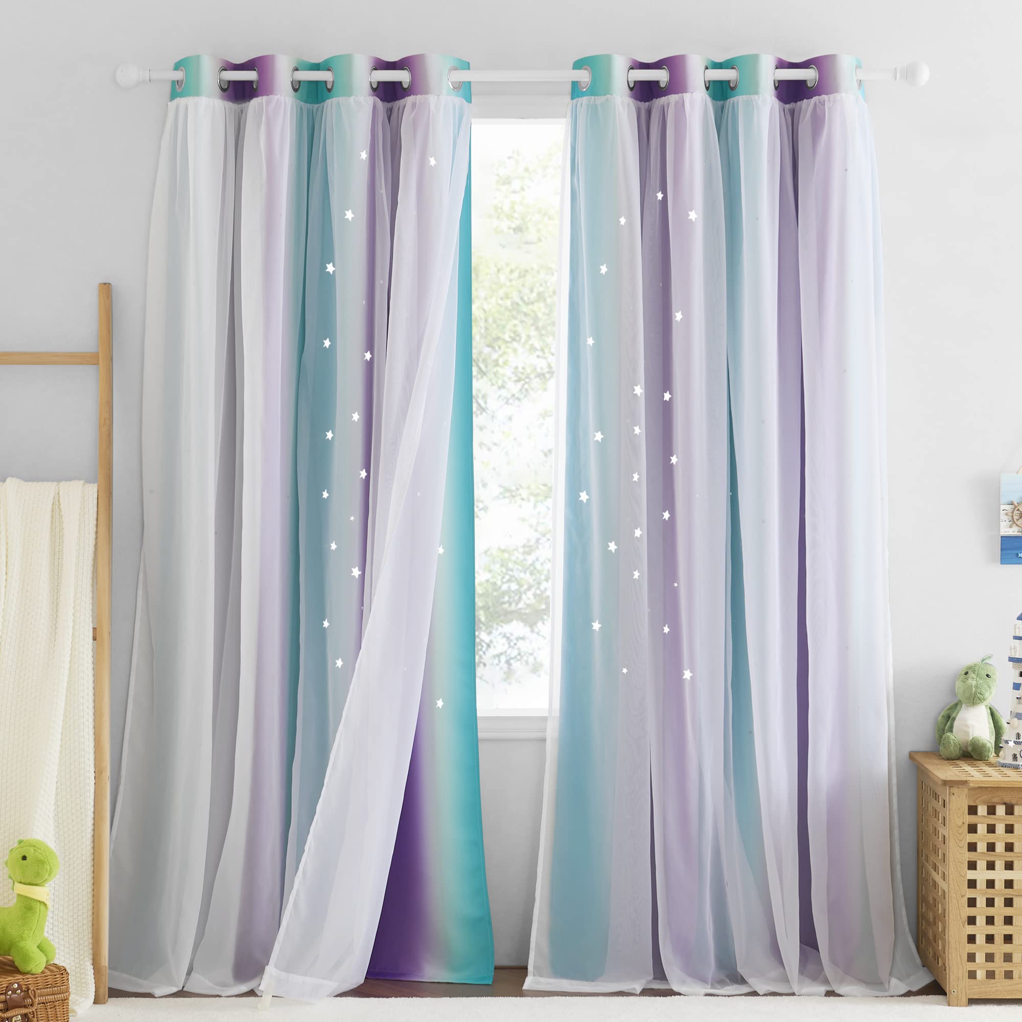 NICETOWN Blackout Curtains 90 Inches Long - White Sheer Overlay Thermal Insulated Curtains for Living Room, Ombre Rainbow Curtai
