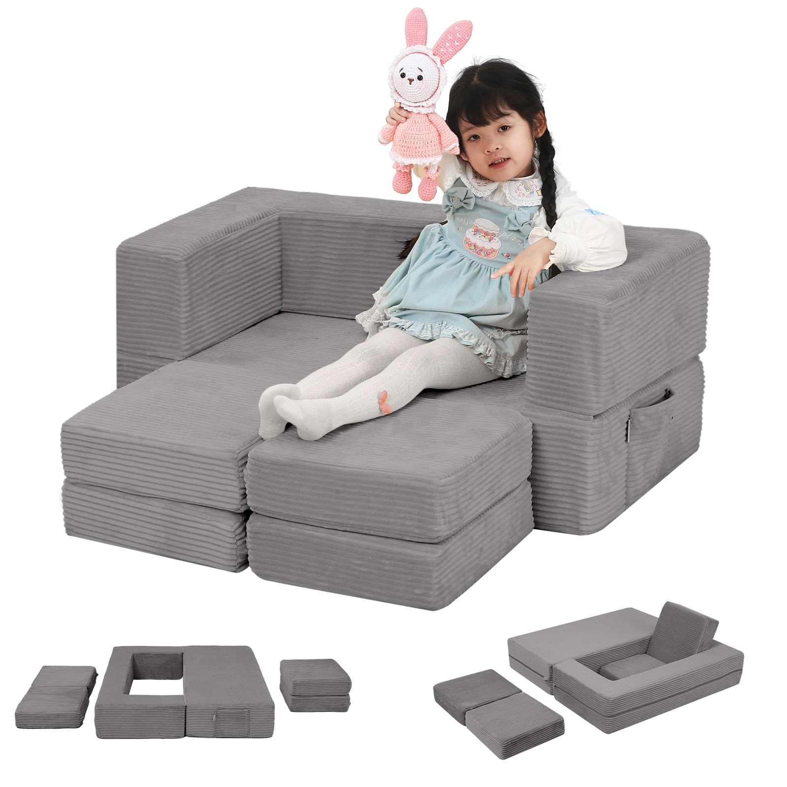 MeMoreCool Modular Kids Couch, Corduroy Play Toddler Couch for Bedroom Playroom Furniture, Convertible Foam Kids Sofa Bed, Fold 