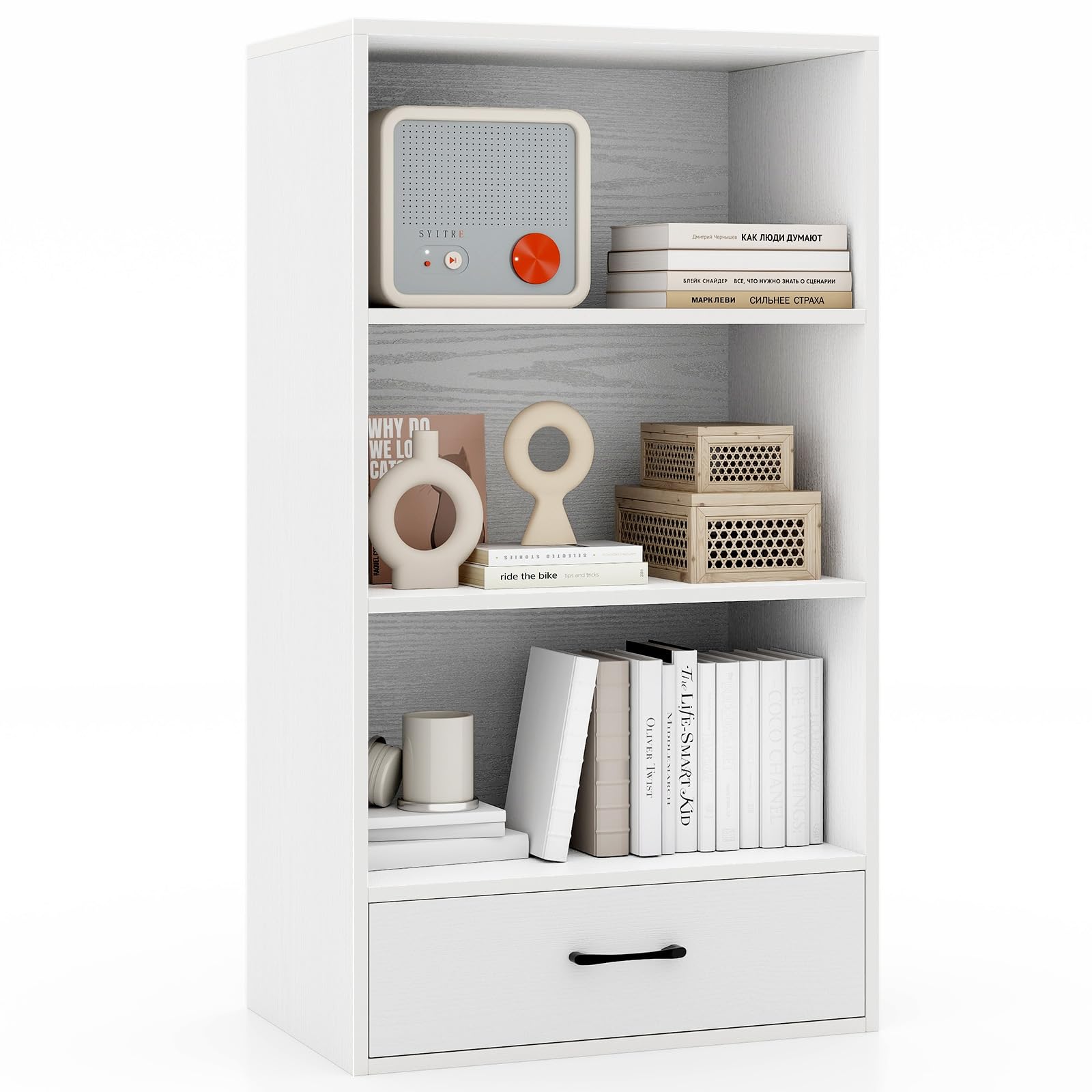 Tangkula 3 Tier Bookcase with Drawer, 42.5   Tall Freestanding Bookshelf with 3 Open Shelves & 1 Drawer, Anti-toppling Devices, 