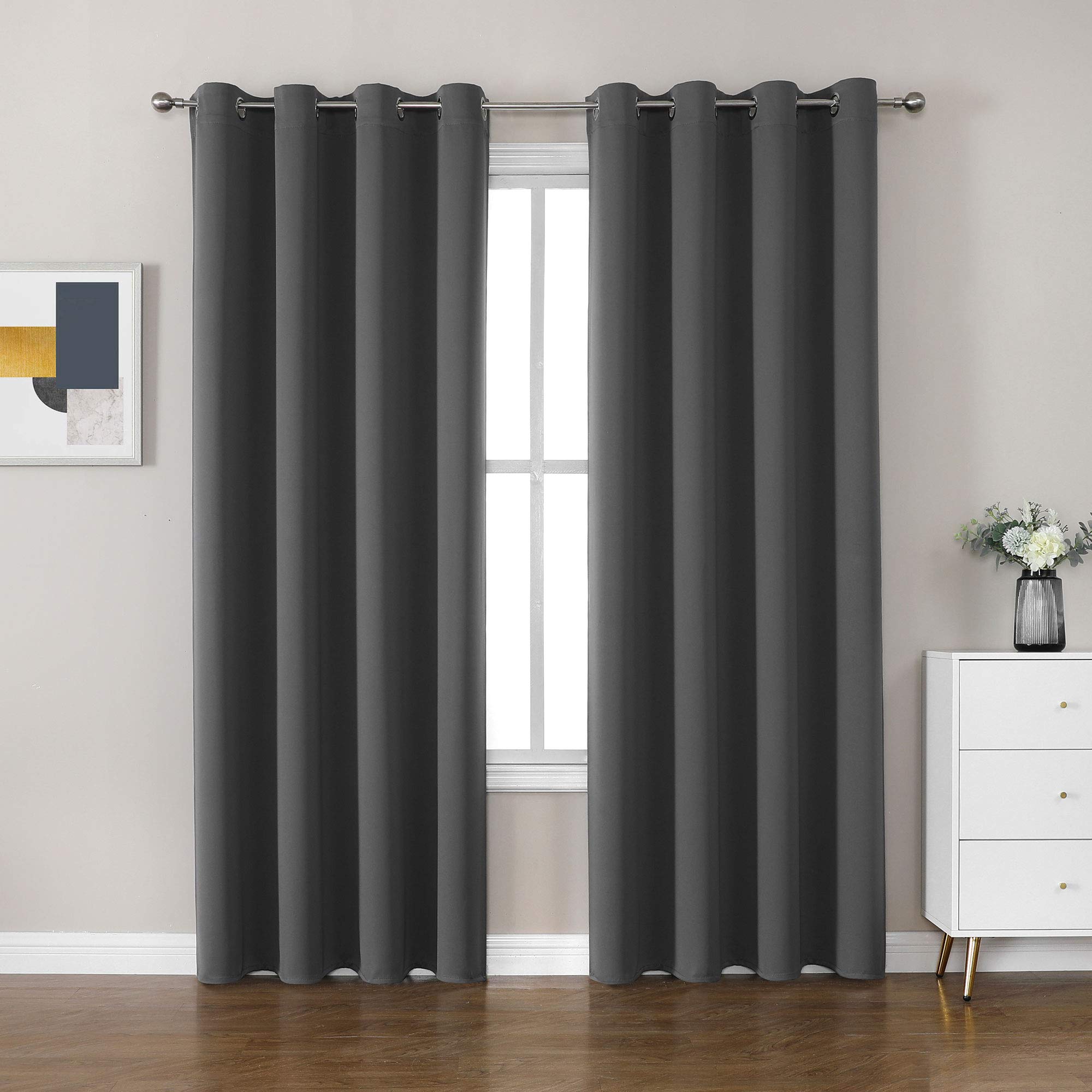 CUCRAF Dark Grey Blackout Curtains 90 inch Length 2 Panels Set, Room Darkening Curtains & Drapes for Living Room Bedroom, Therma