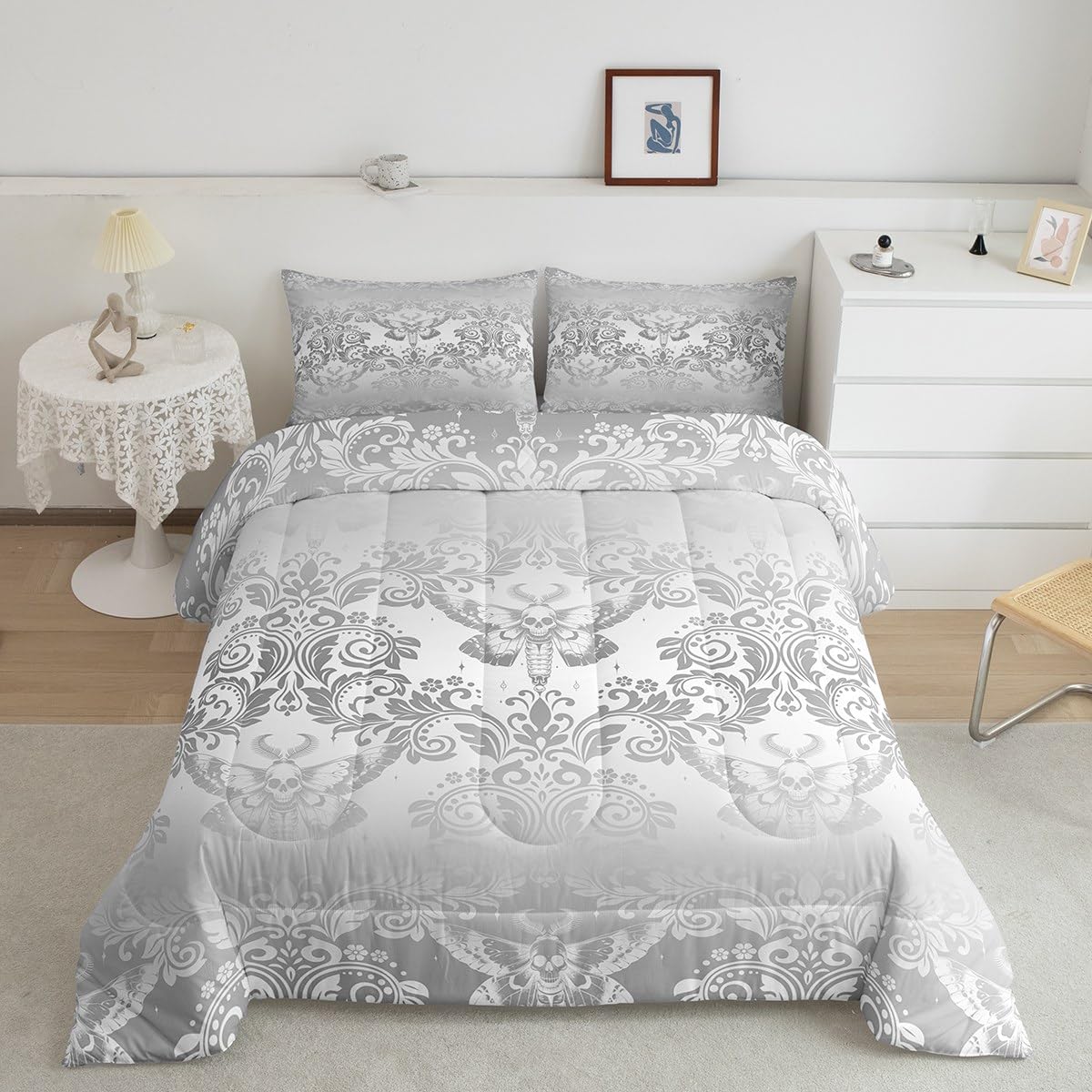 Feelyou Adults Silver Vintage Damask Floral Comforter Set Oriental Antique Comforter Queen Size Gothic Bohemia Boho Flower Beddi
