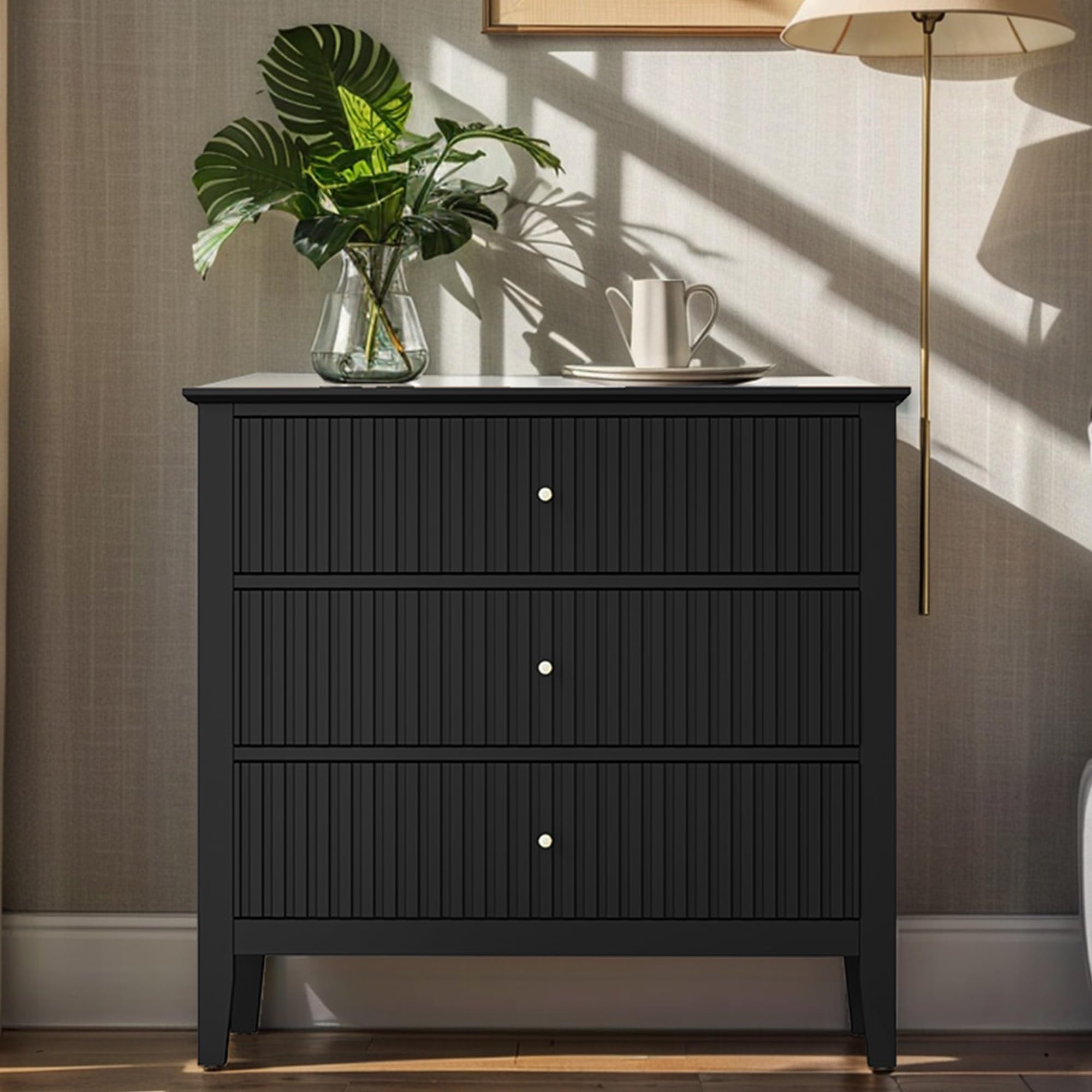 May in Color Black 3 Drawer Dresser, Painted 30 Inch Tall Wood Nightstand with Storage, Wide Modern Chest of Drawers with Ball B