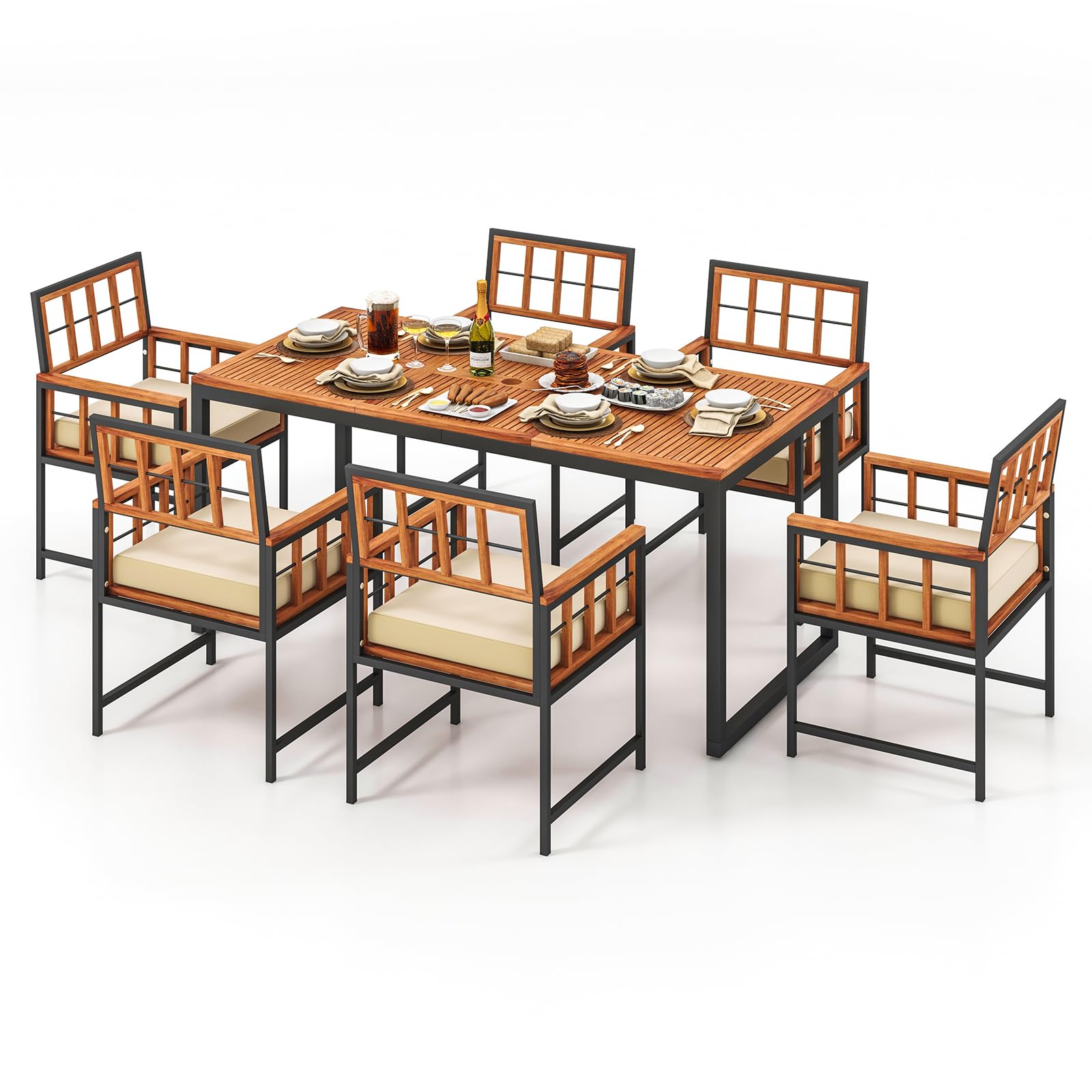 Tangkula 7 Pieces Patio Dining Set, Outdoor Acacia Wood Table and Chairs with Soft Cushions and 1.96    Umbrella Hole for Backya