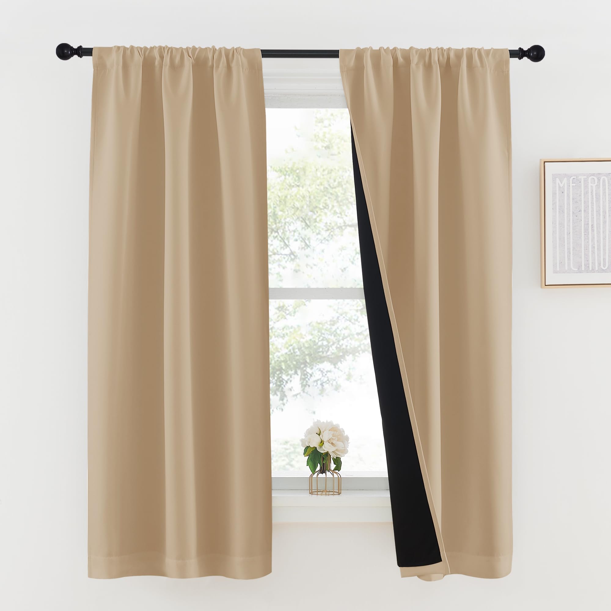 NICETOWN Biscotti Beige 100% Blackout Lined Curtains, 2 Thick Layers Completely Blackout Rod Pocket Thermal Insulated Drapes for
