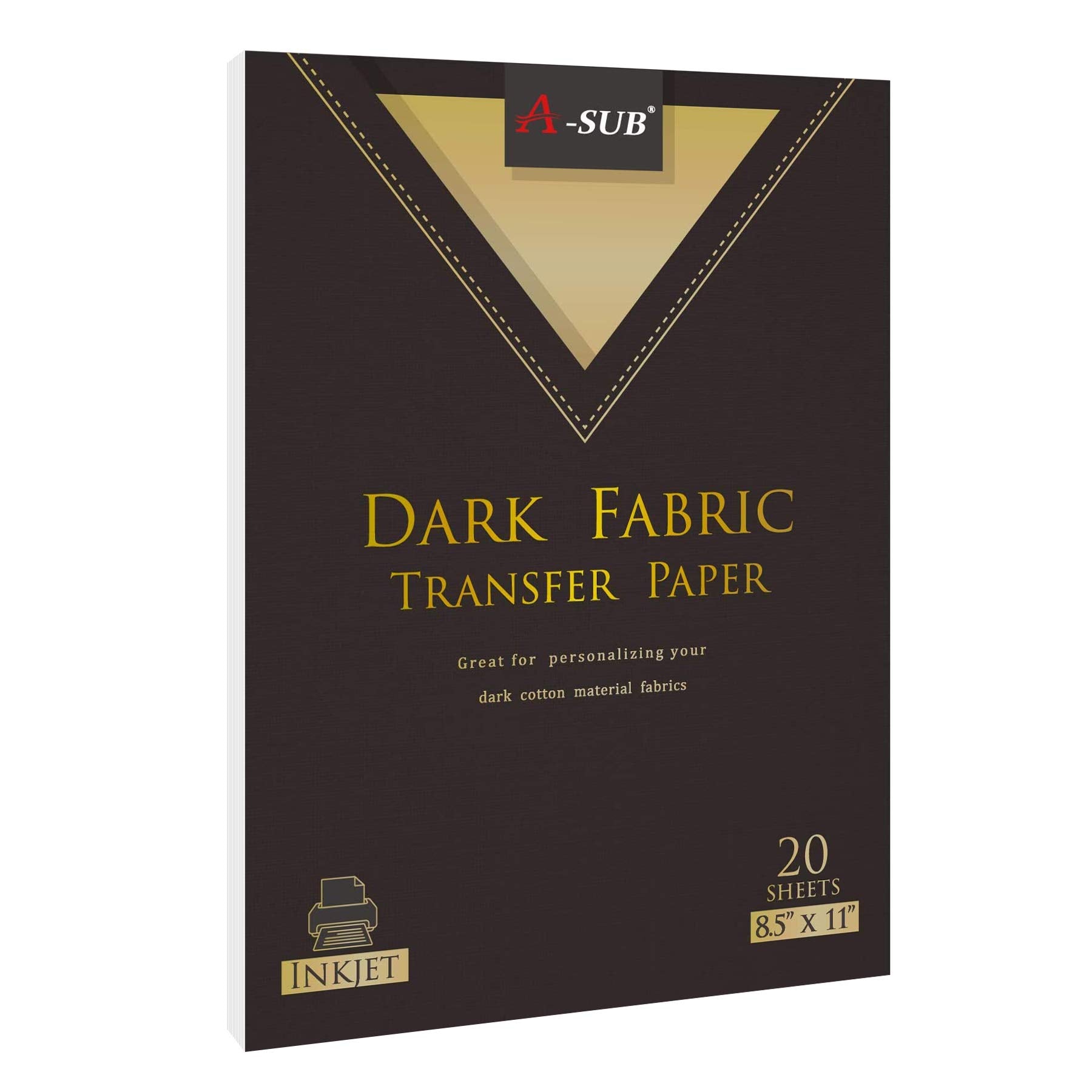 A-SUB Inkjet Printable Iron On Heat Transfer Paper for Dark Fabrics, 20 Sheets 85x11 Inch, Make custom T Shirts, Totes, Bags