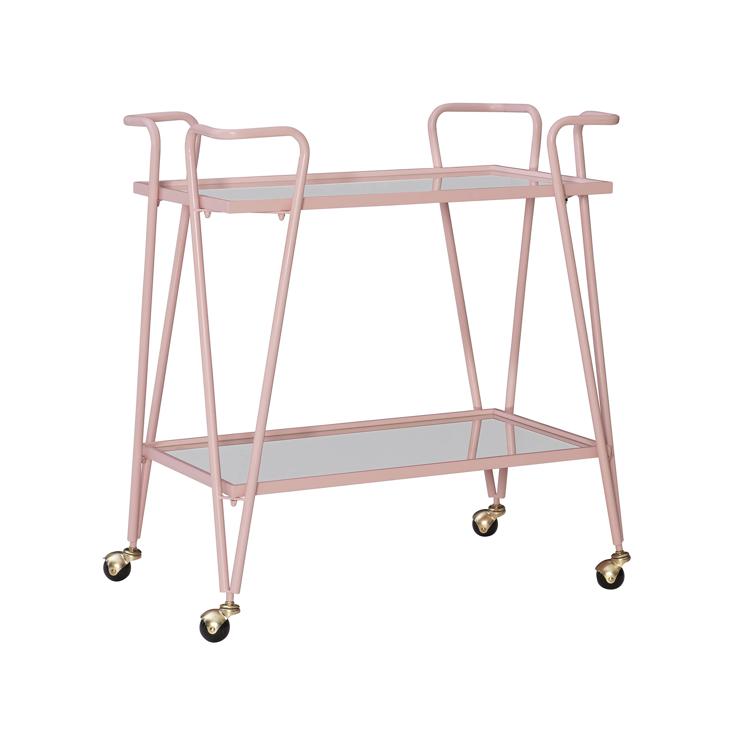 Linon Gina Pink Mid-Century Bar Cart with Mirrored Shelves and Locking Wheels